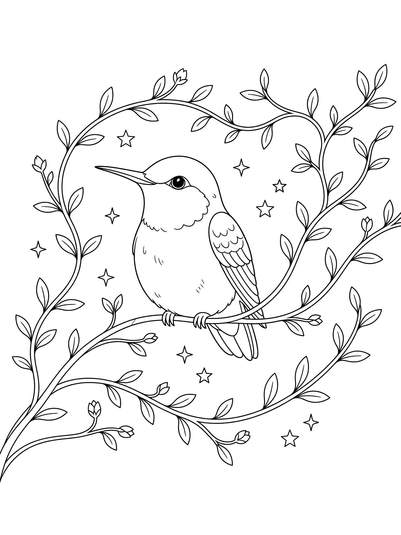 Black and white line art of a chubby hummingbird perched on a heart-shaped branch with twisting vines, small leaves, buds and floating stars.
