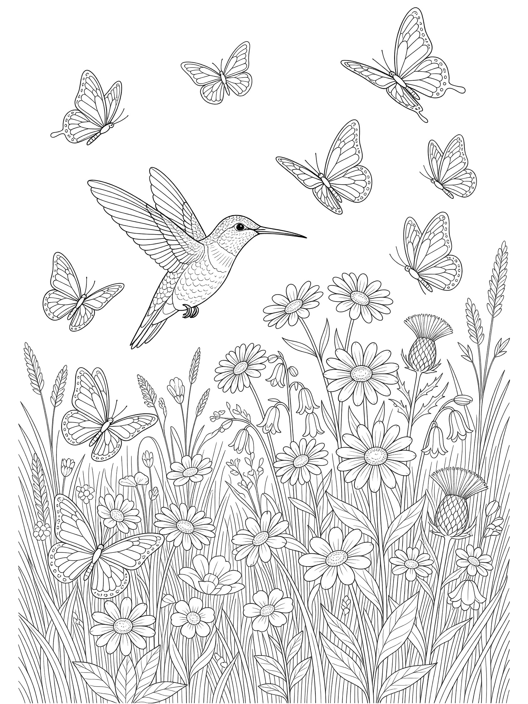 Black and white line art coloring page showing a hummingbird with spread wings next to flying butterflies above a patch of daisies thistles and grass blades