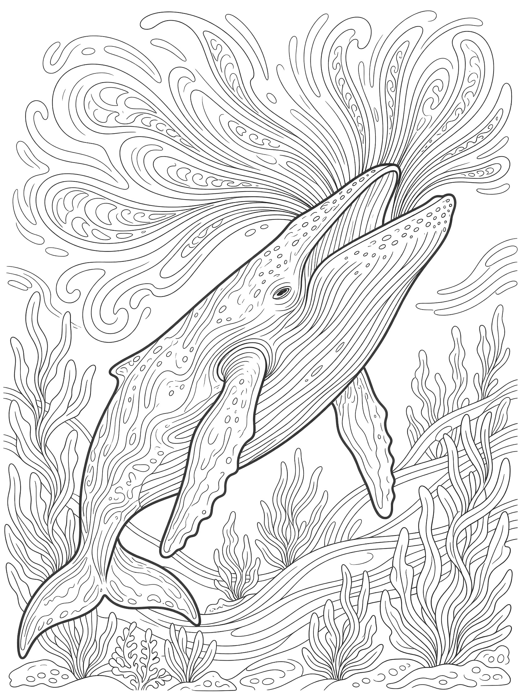 Black and white line art coloring page showing a humpback whale breaching from the sea with water spray bursting out and seaweed below.