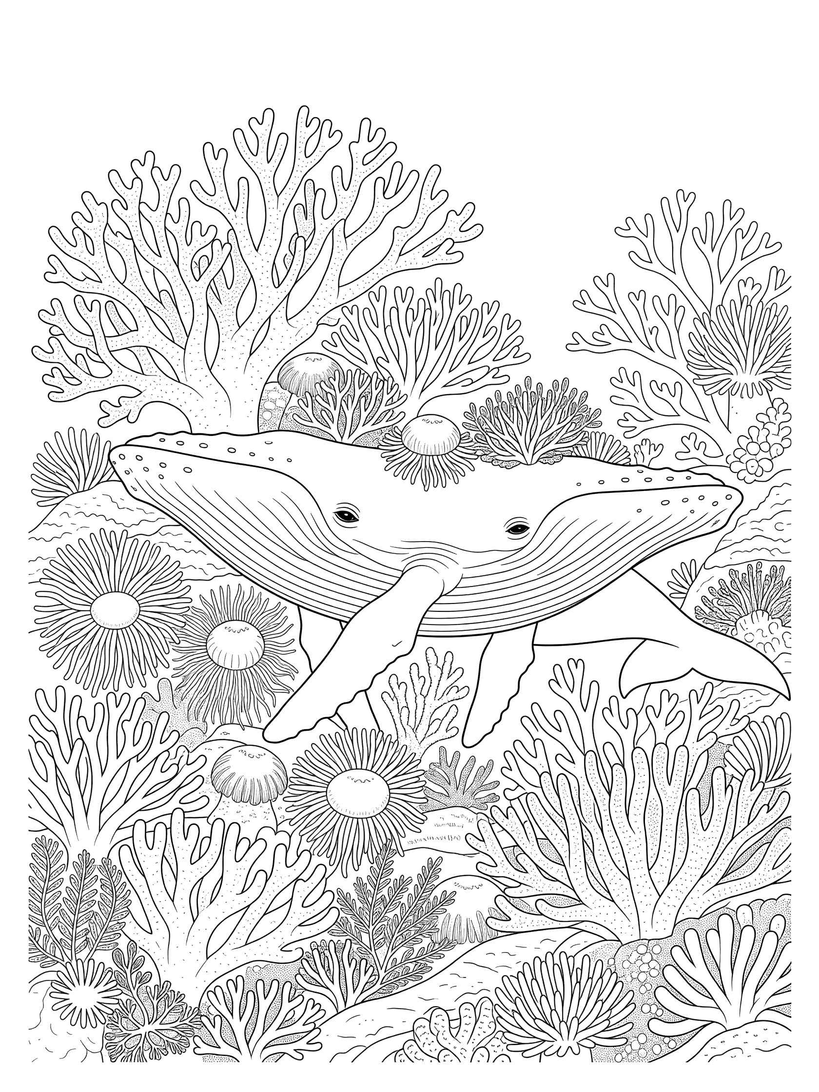 Black and white line art coloring page showing a humpback whale with large mouth open, surrounded by branching corals, round anemones, and small plants in a reef.