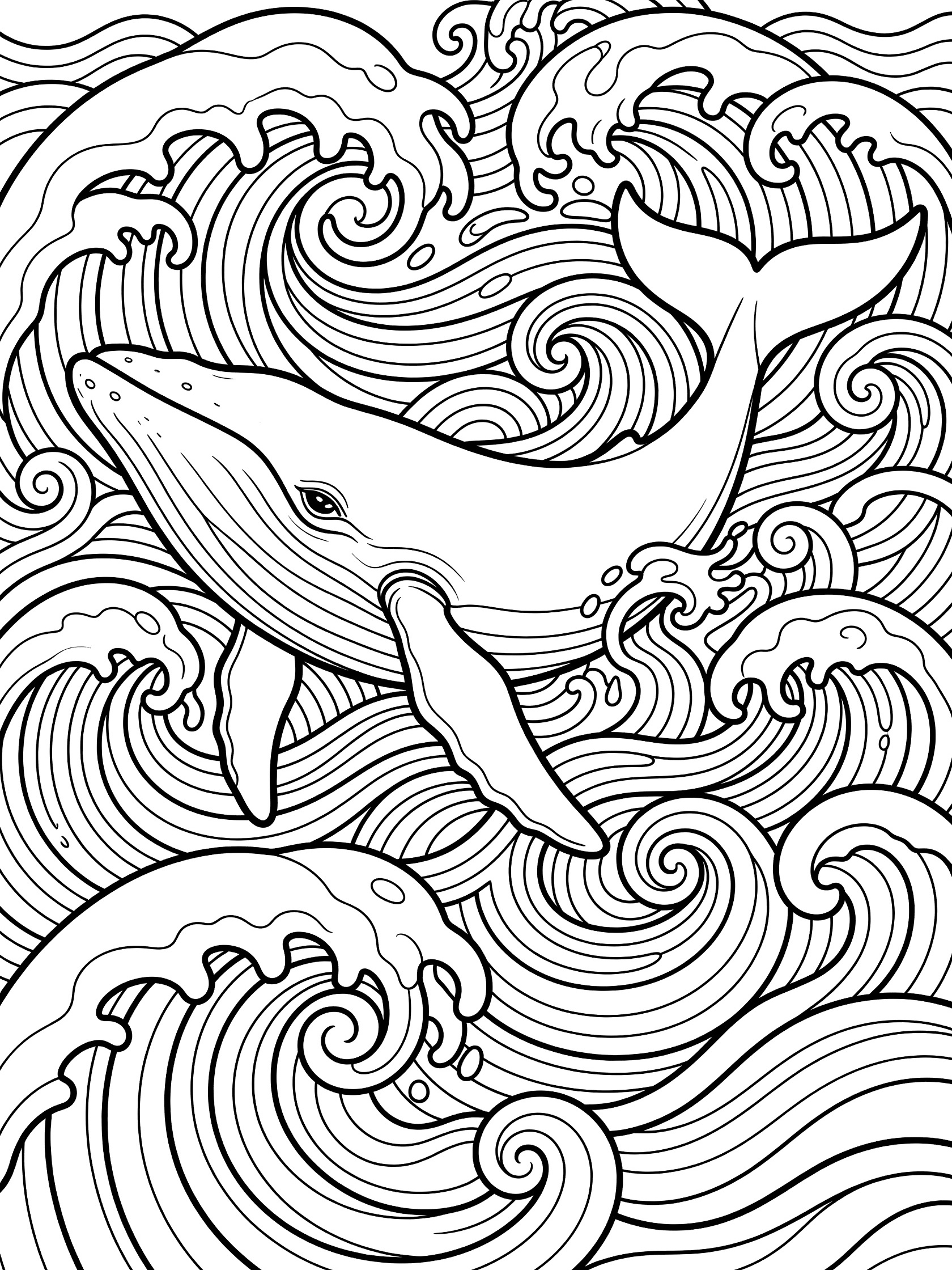 Black and white line art coloring page showing a humpback whale twisting dynamically in powerful swirling ocean waves with clean thick outlines.
