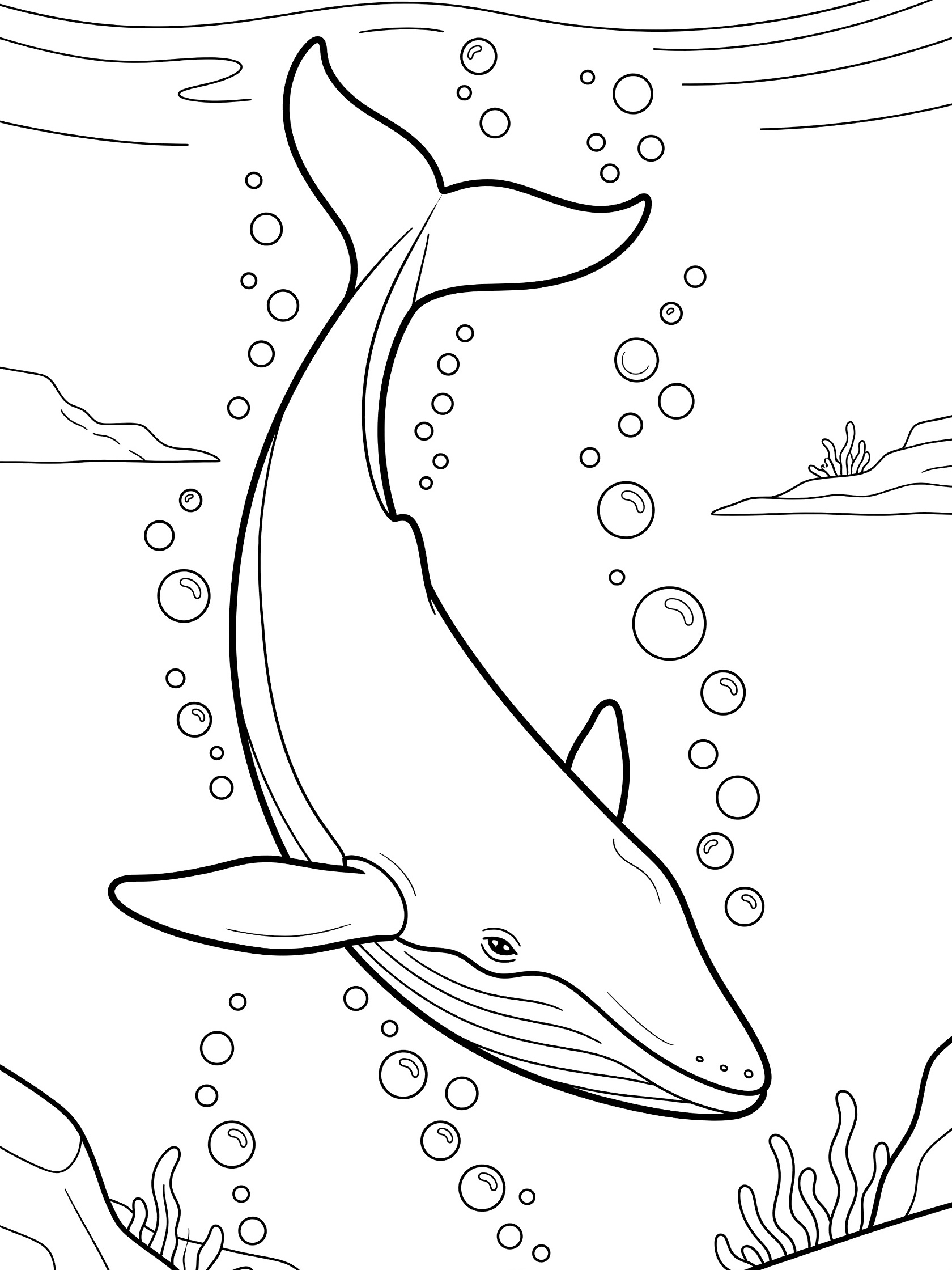 Black and white line art coloring page showing a humpback whale swimming downward underwater, tail raised high, bubbles trailing from body, and simple ocean plants at bottom.
