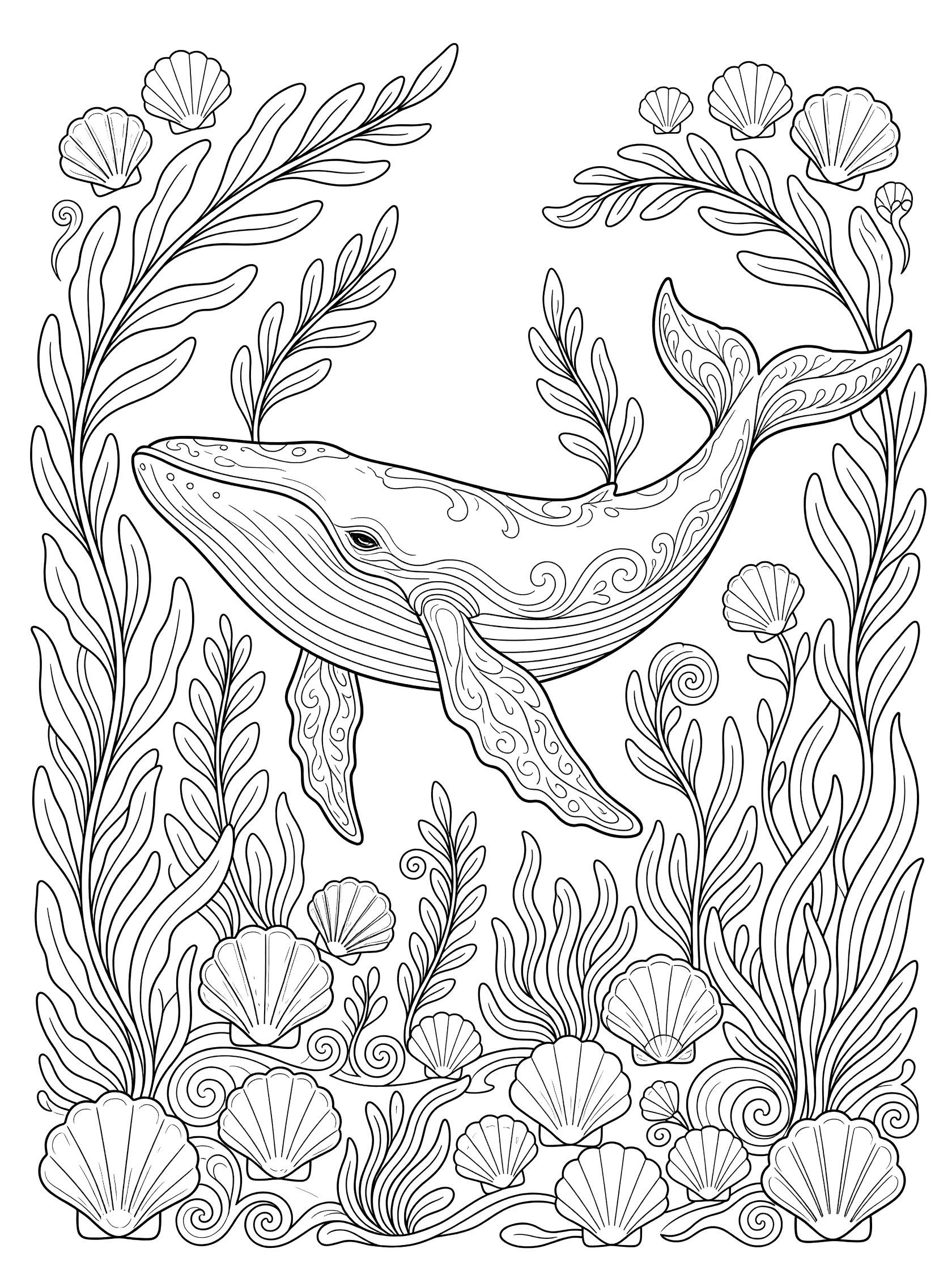 Black and white line art coloring page showing a humpback whale with detailed fins surrounded by seaweed plants and seashells.