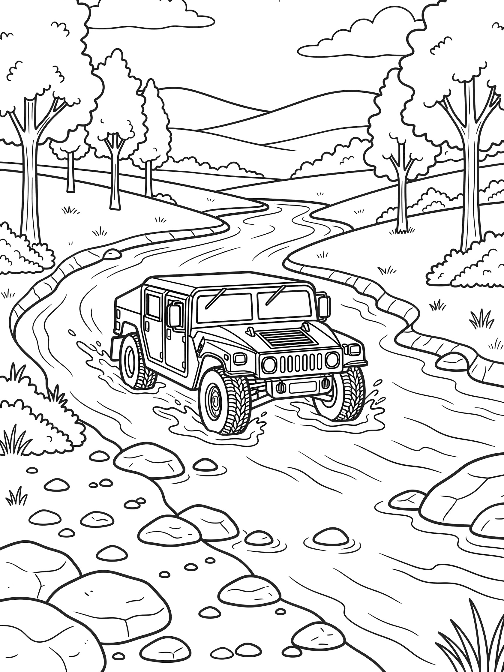 Black and white line art of a sturdy Humvee crossing a rocky riverbed with water splashing on its rugged tires, surrounded by grassy banks, bushes, trees, distant hills, clouds, and sun.