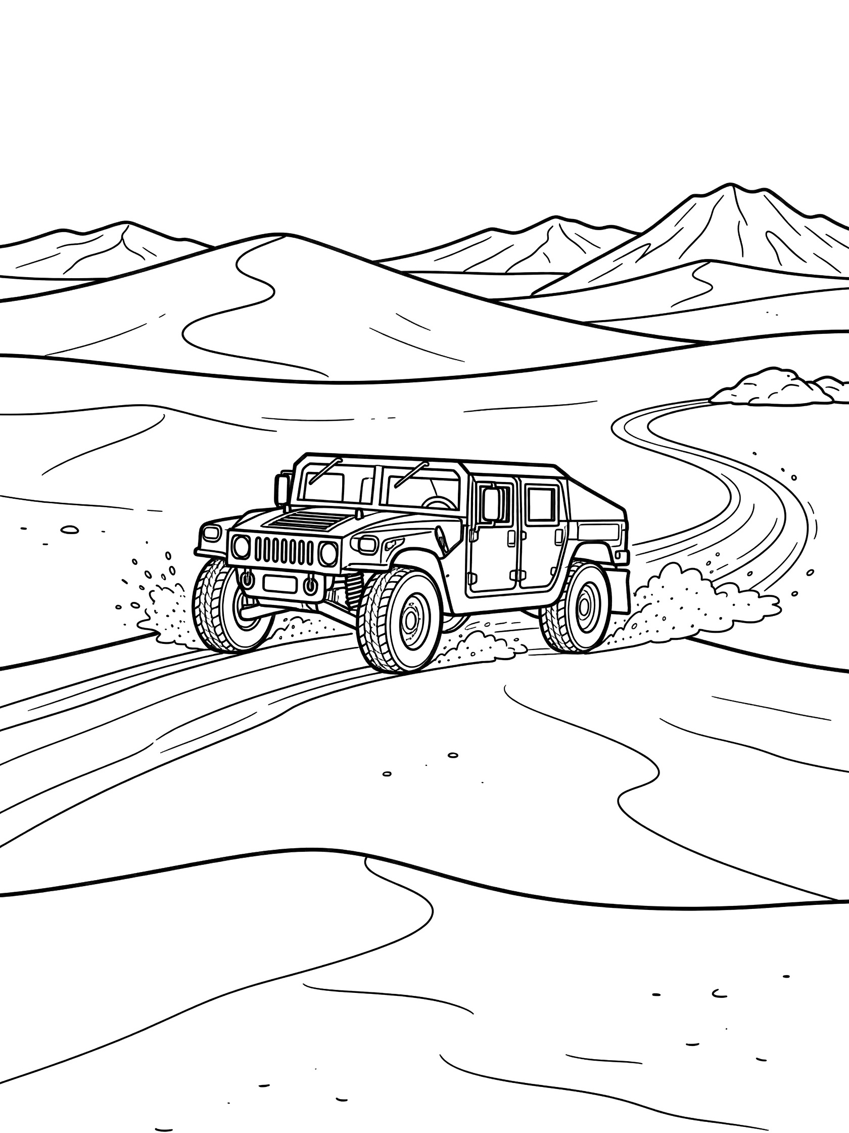 Black-and-white coloring page of a Humvee vehicle driving fast on a desert dune trail, with sand trails from large knobby tires, rolling sand hills, and distant mountains.