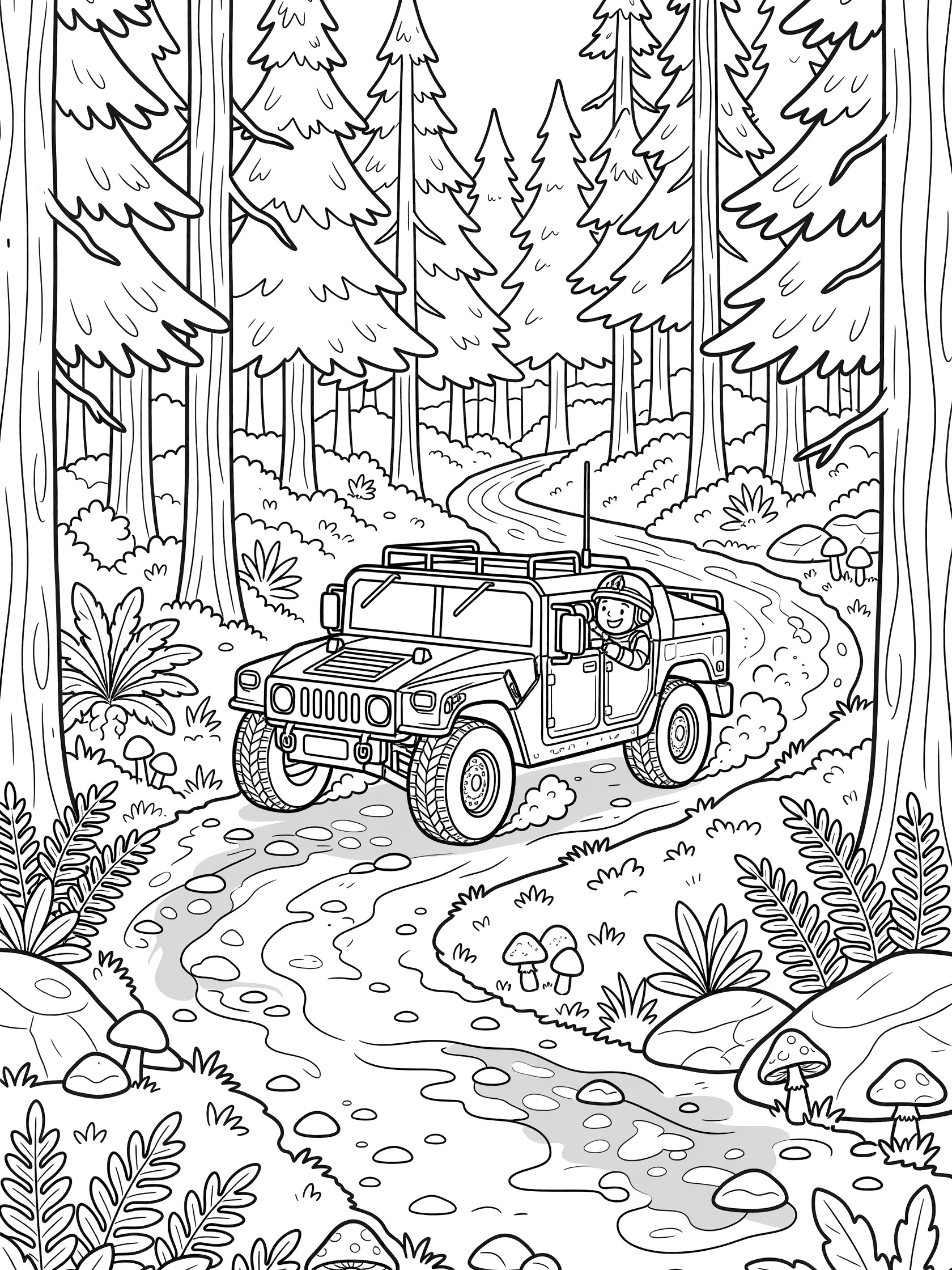 Black-and-white coloring page of a Humvee military jeep exploring a winding forest path with soldier peeking out, surrounded by pine trees, ferns, rocks, and mushrooms.