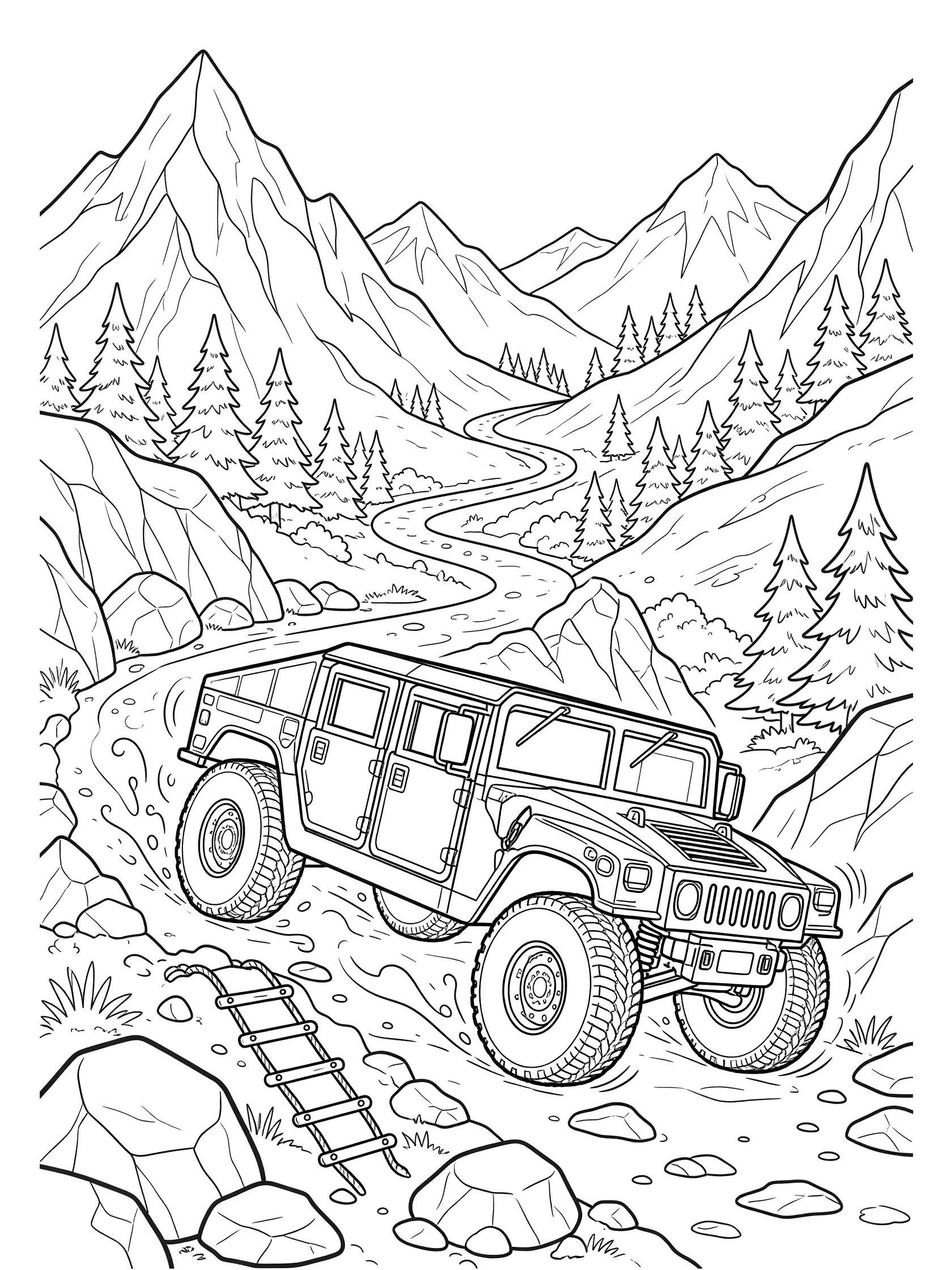 Black and white line art coloring page showing a Humvee bouncing along a rocky mountain trail with big tires, boulders, rope ladder, pine trees, and jagged peaks.