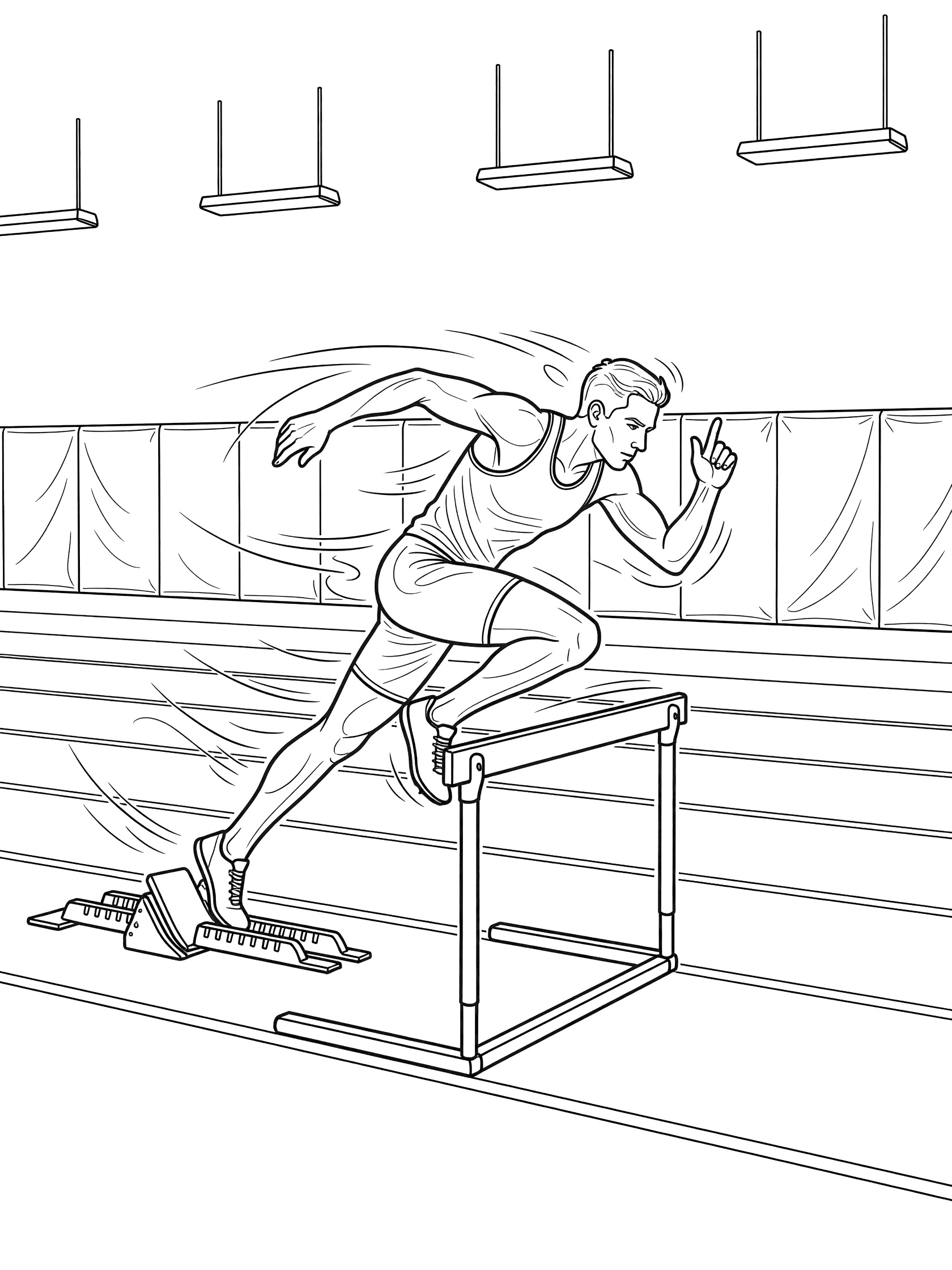 Black and white line art of a track hurdler in motion, exploding from starting blocks, jumping over a hurdle, with indoor arena background including padded walls and hanging lights.