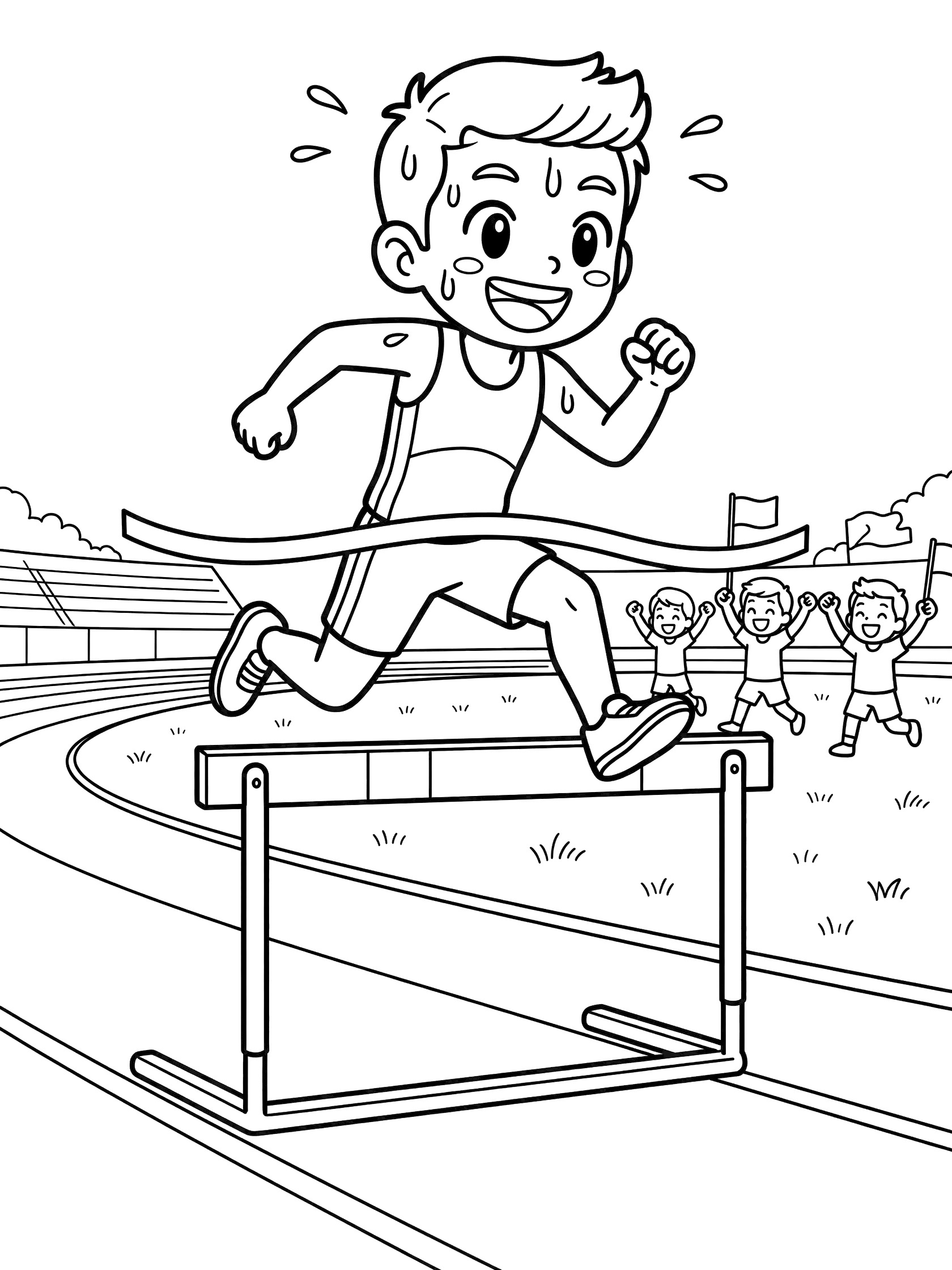 Kawaii line art coloring page showing joyful competitor bounding over hurdles toward fluttering finish tape on stadium track with waving teammates.