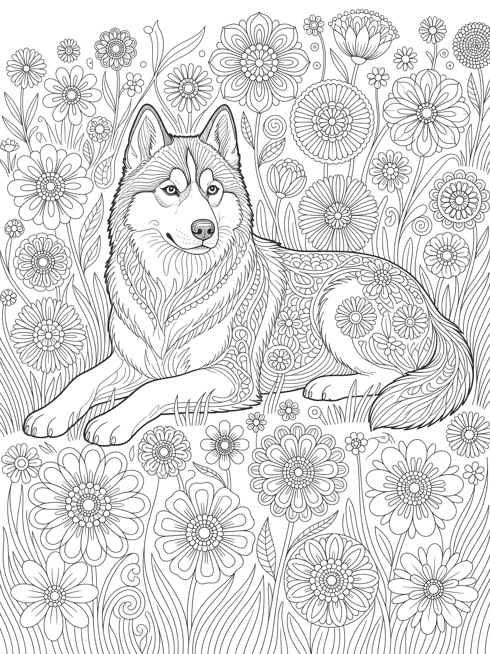 Black and white coloring page of a husky dog sitting in a flower-filled meadow with detailed petals and leaves surrounding it