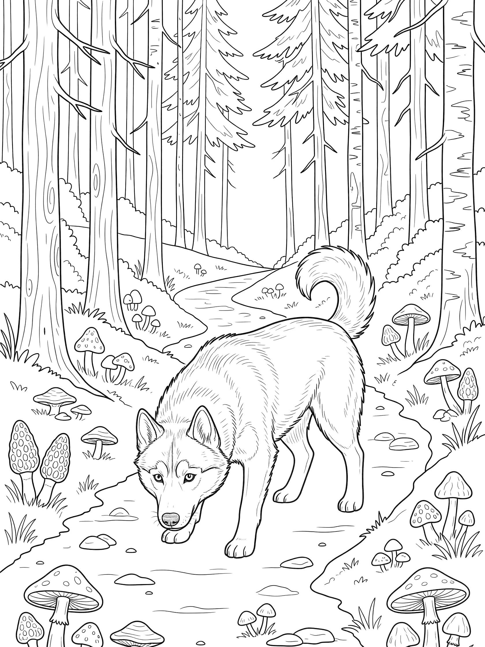 Black and white line art coloring page of a husky dog walking on a forest path surrounded by tall trees, mushrooms, rocks, and a small stream