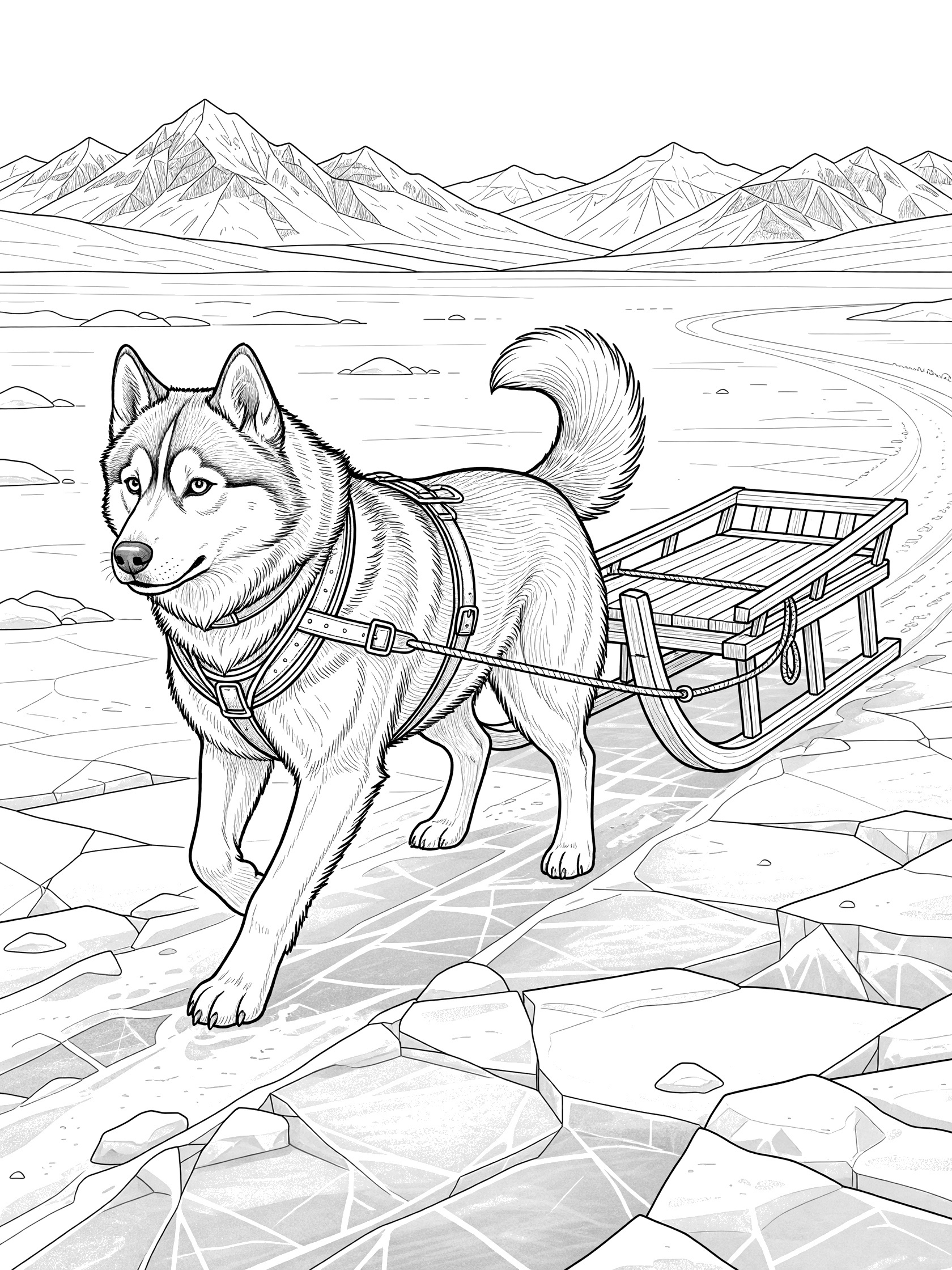 Black and white coloring page of a strong husky dog in harness pulling a wooden sled over cracked ice with distant mountains and snowy path.