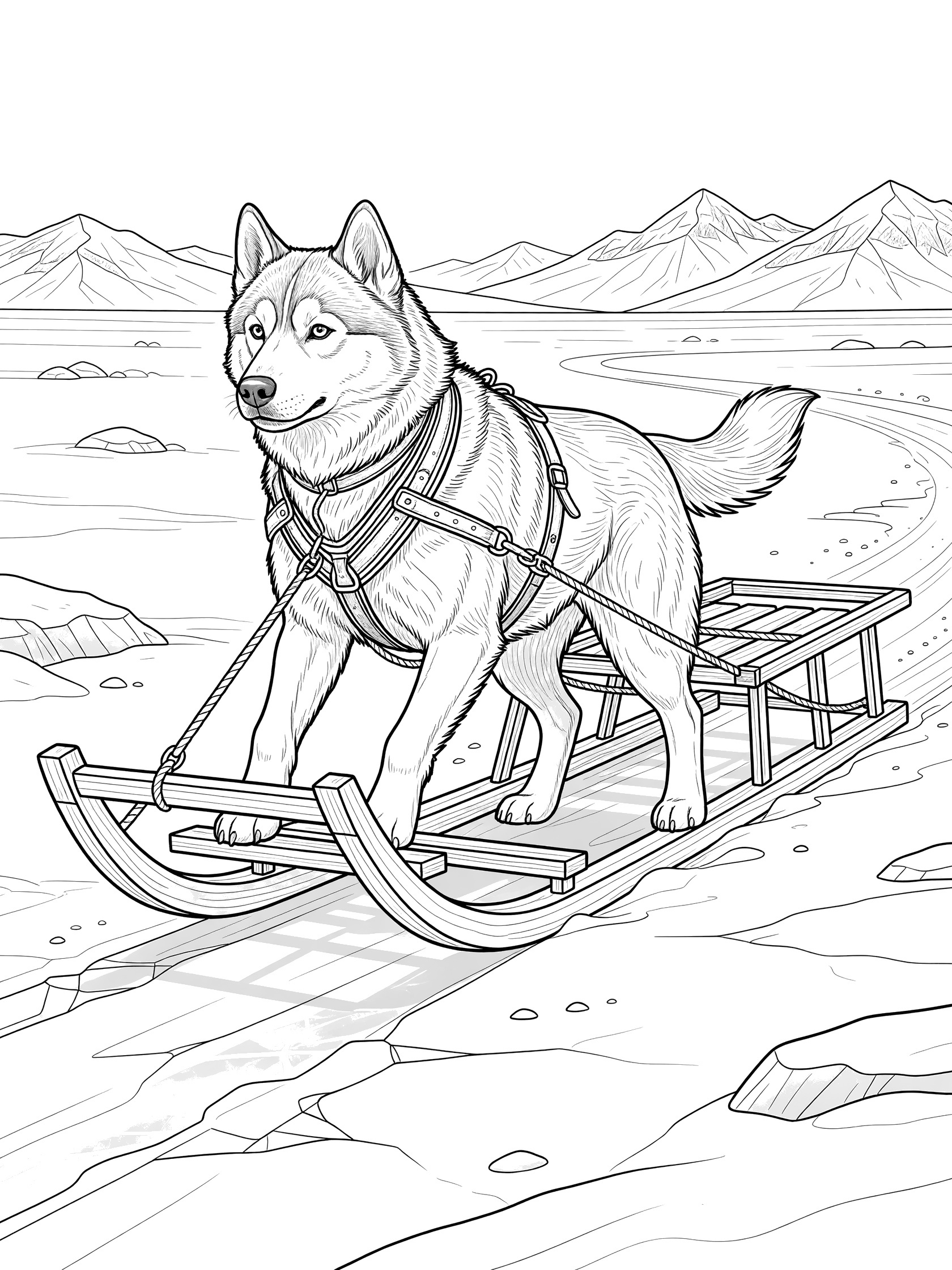 Black and white line drawing of a husky dog in harness pulling a wooden sled across snowy tundra with distant mountains.