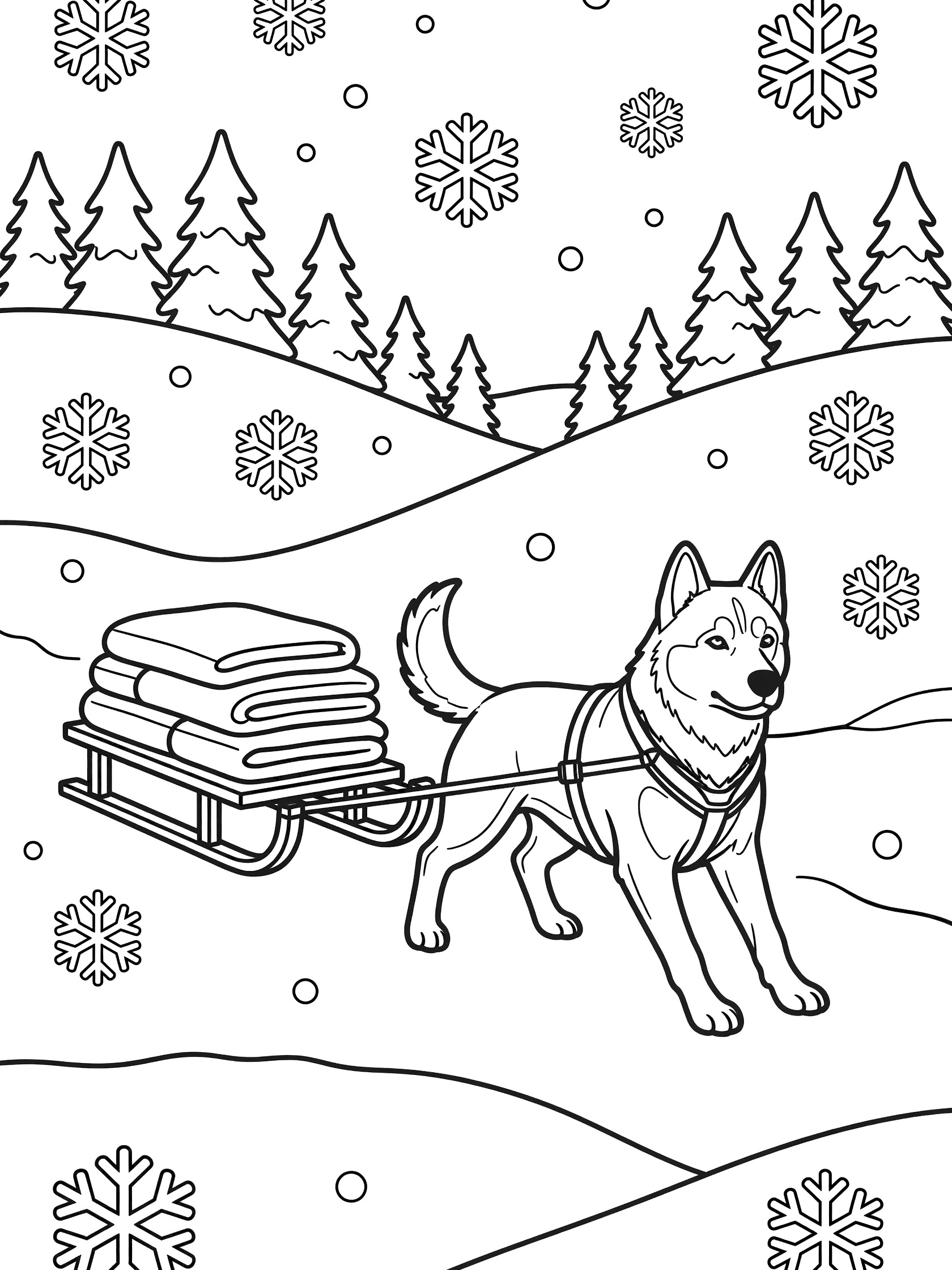 Black and white line art coloring page showing a husky dog harnessed to a sled stacked with blankets, walking over snowy hills with pine trees and snowflakes. Rescue Dogs themed black and white printable line art