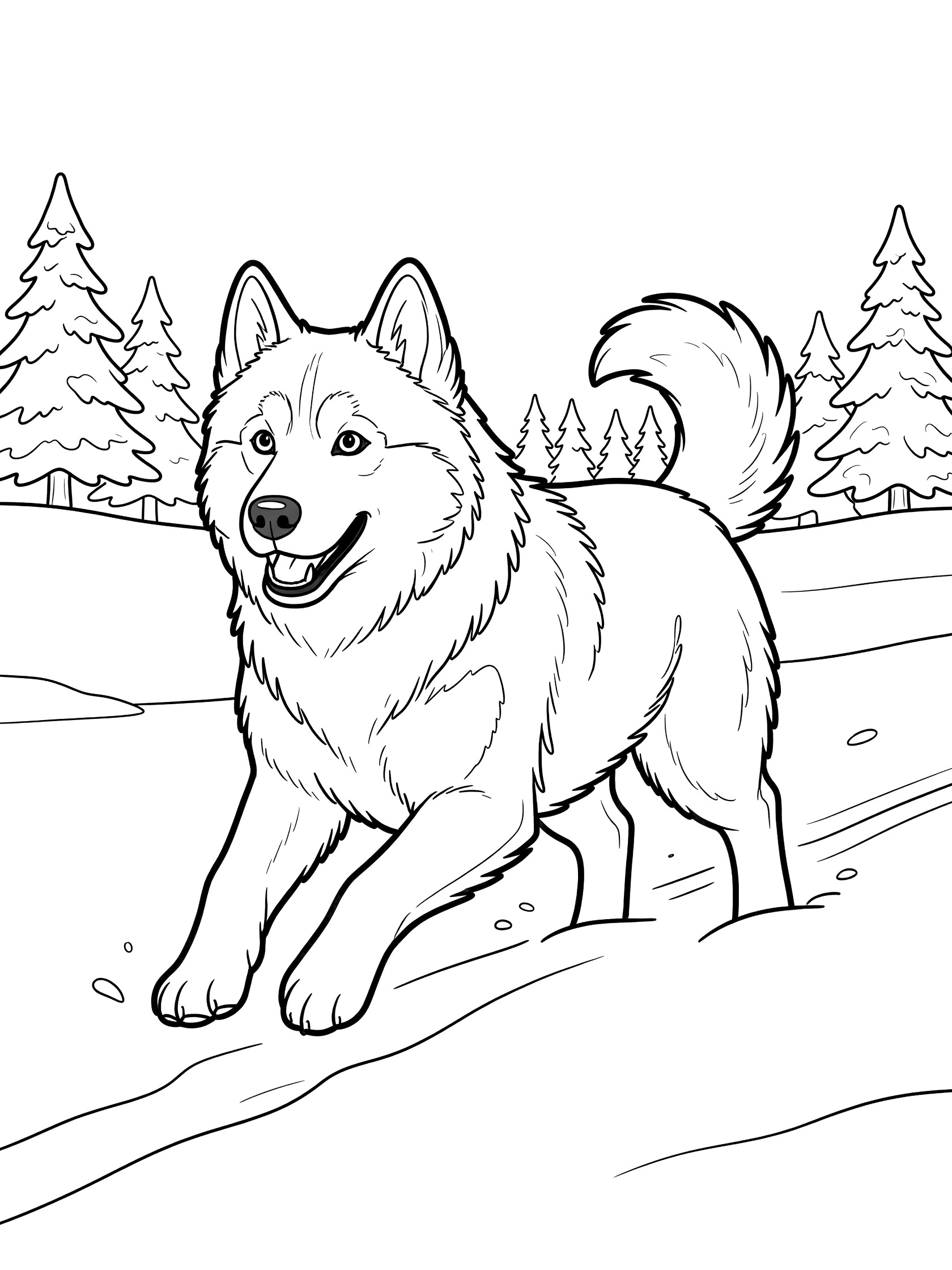 Black and white line art coloring page showing a fluffy husky dog running forward in snow with pine trees in the background and snowy ground.
