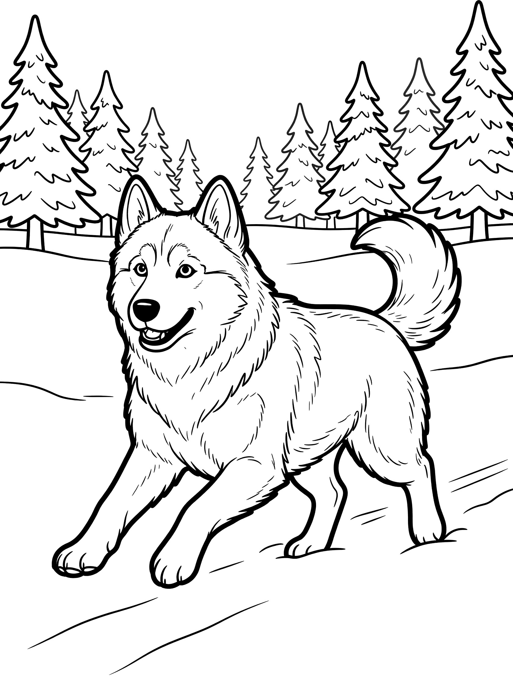 Black and white line drawing of a husky dog running forward on snowy ground surrounded by tall pine trees in a forest.