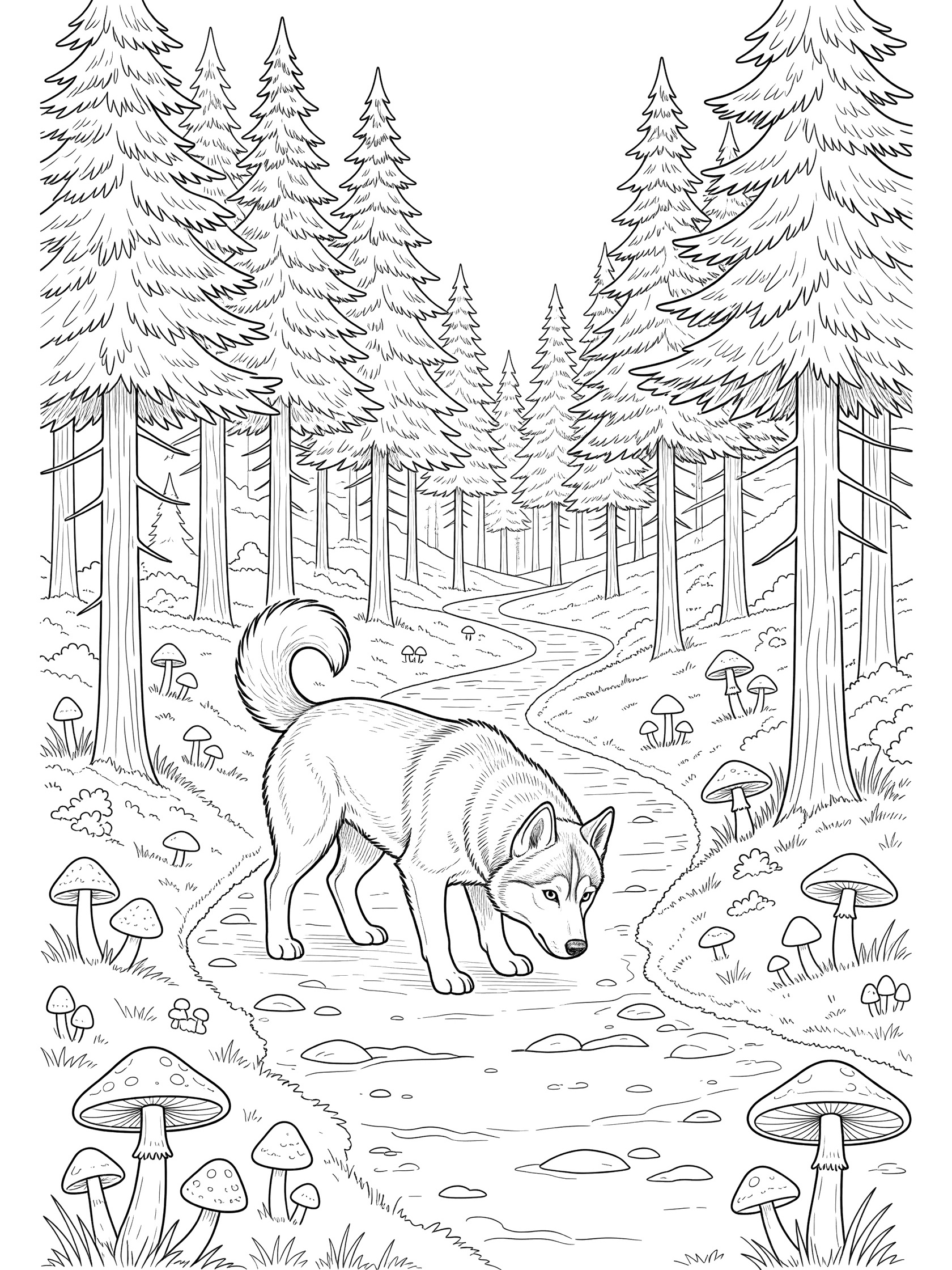 Black and white coloring page showing a husky dog sniffing on a winding forest path surrounded by tall trees and mushrooms