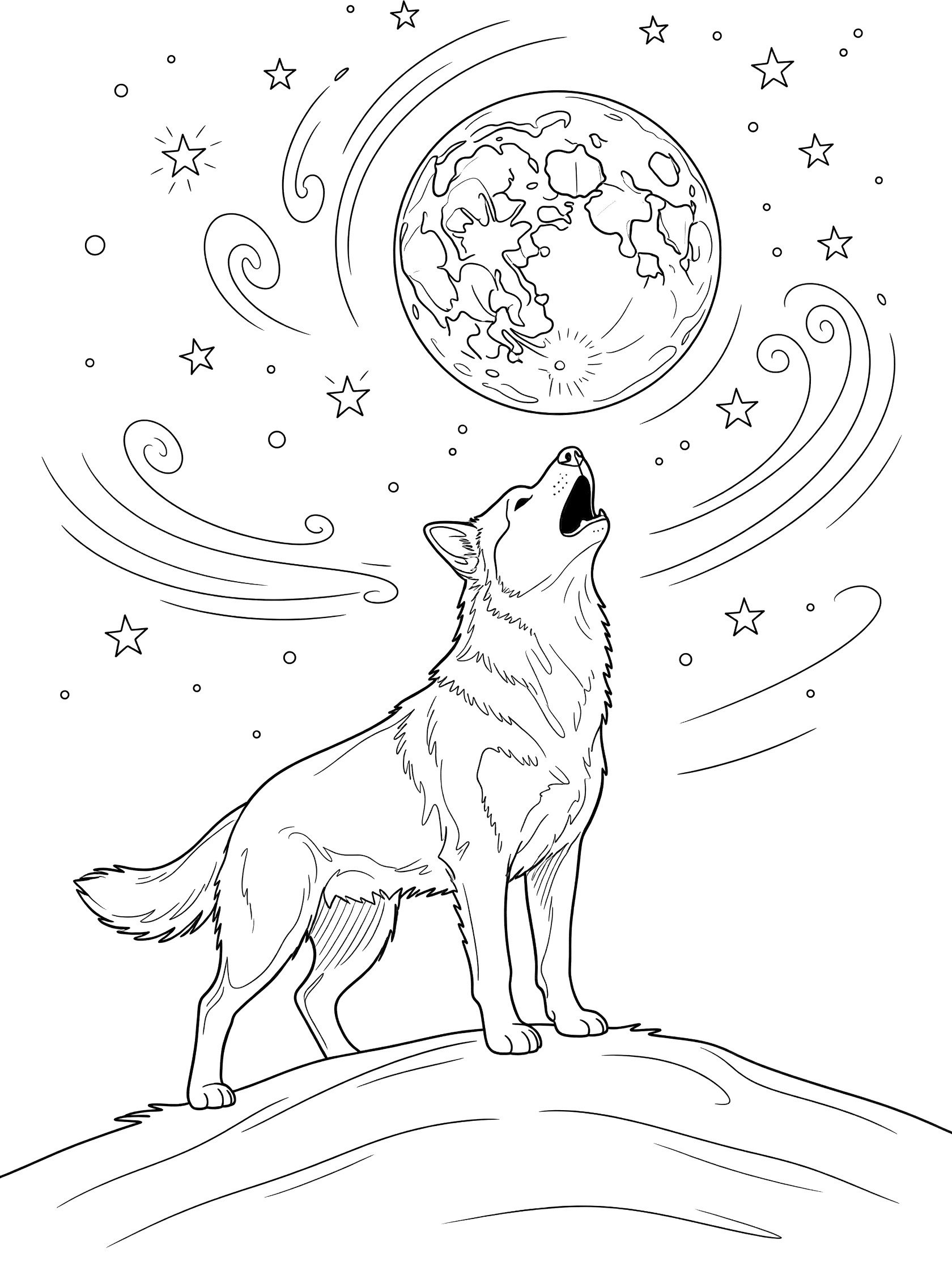 Line art coloring page showing a husky with head raised and mouth open, howling dramatically at a large full moon above a hill, surrounded by stars and swirling doodles.