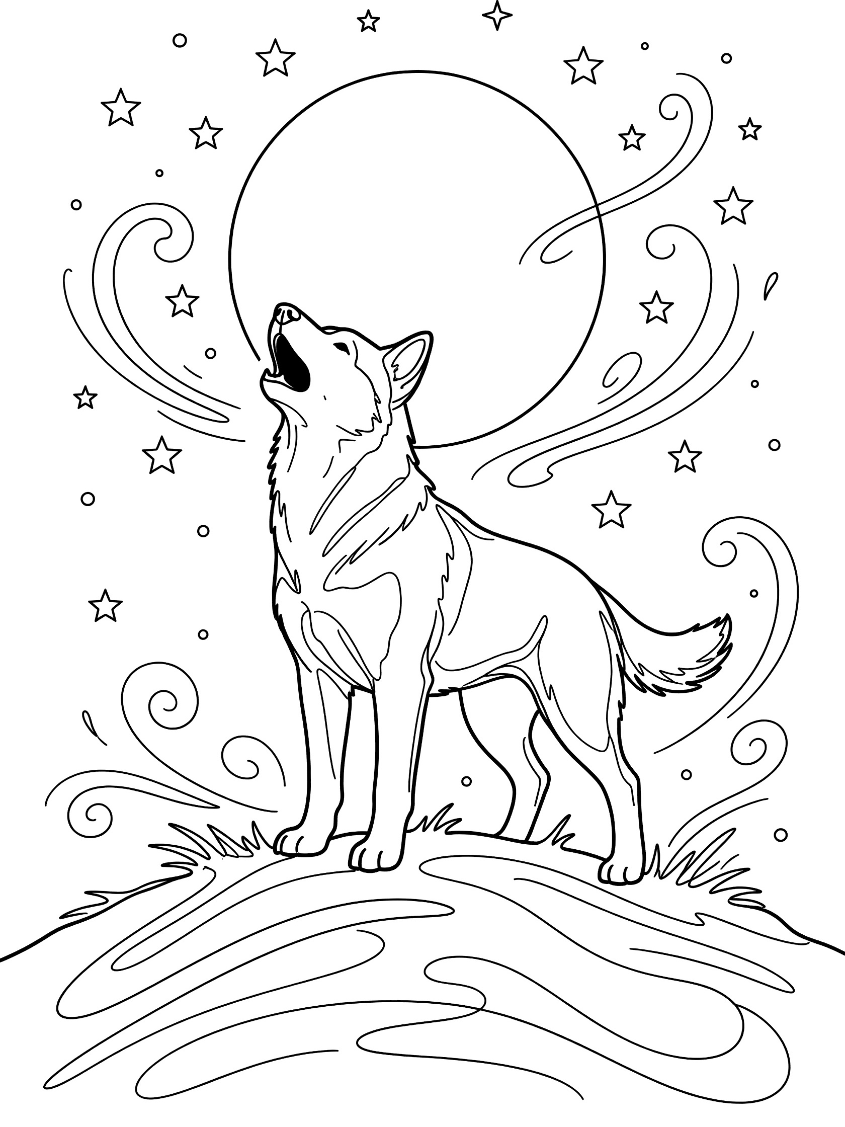 Black and white line art coloring page showing a husky with head raised and mouth open, howling at a large full moon above a hill, surrounded by stars and swirling doodles.