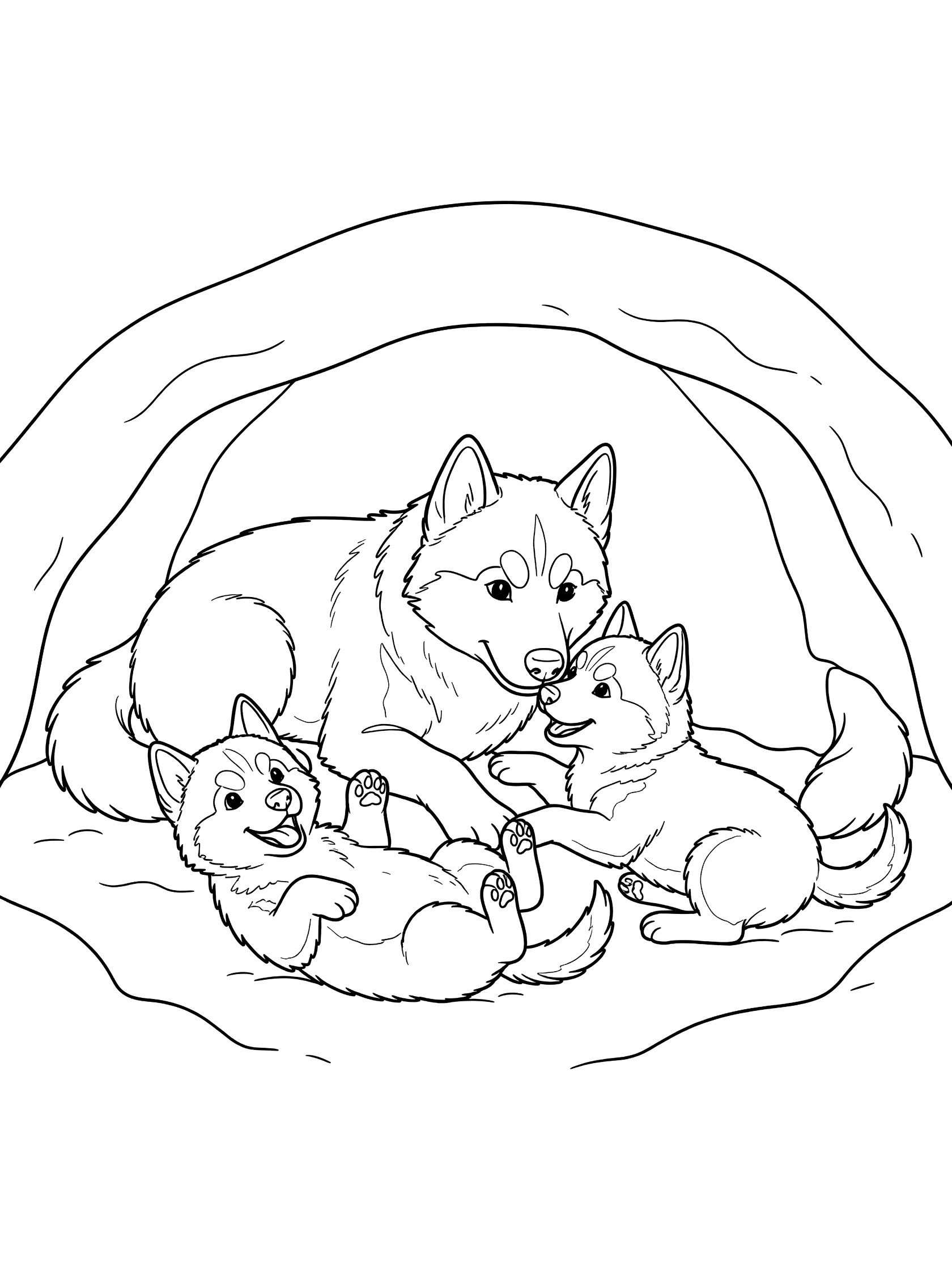 Black and white coloring page of a mother husky dog lying in a den with three playful puppies tumbling around her, all with fluffy fur and happy faces.