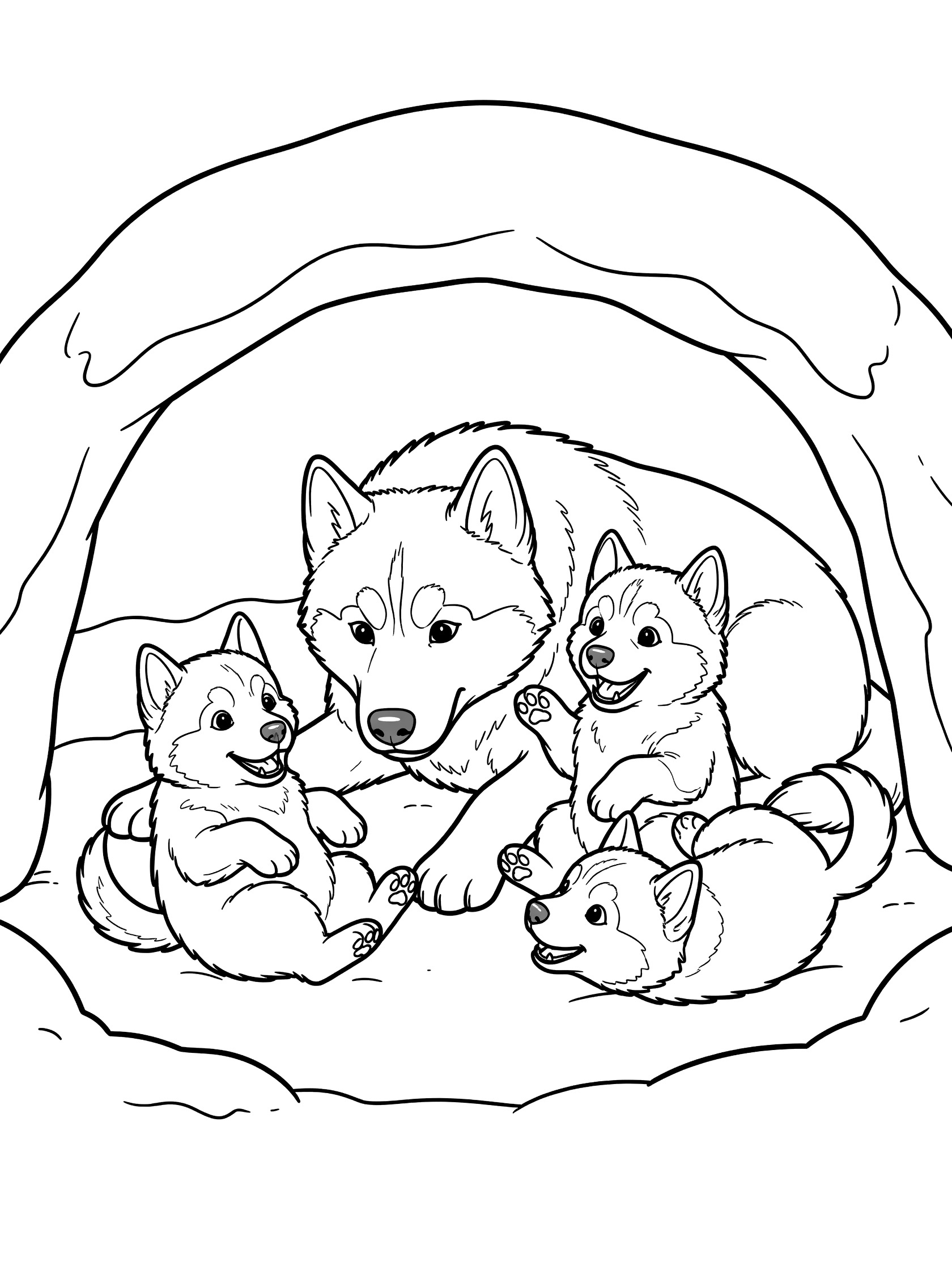 Black and white coloring page of a mother husky dog cuddling three cute husky puppies inside a den with arched entrance