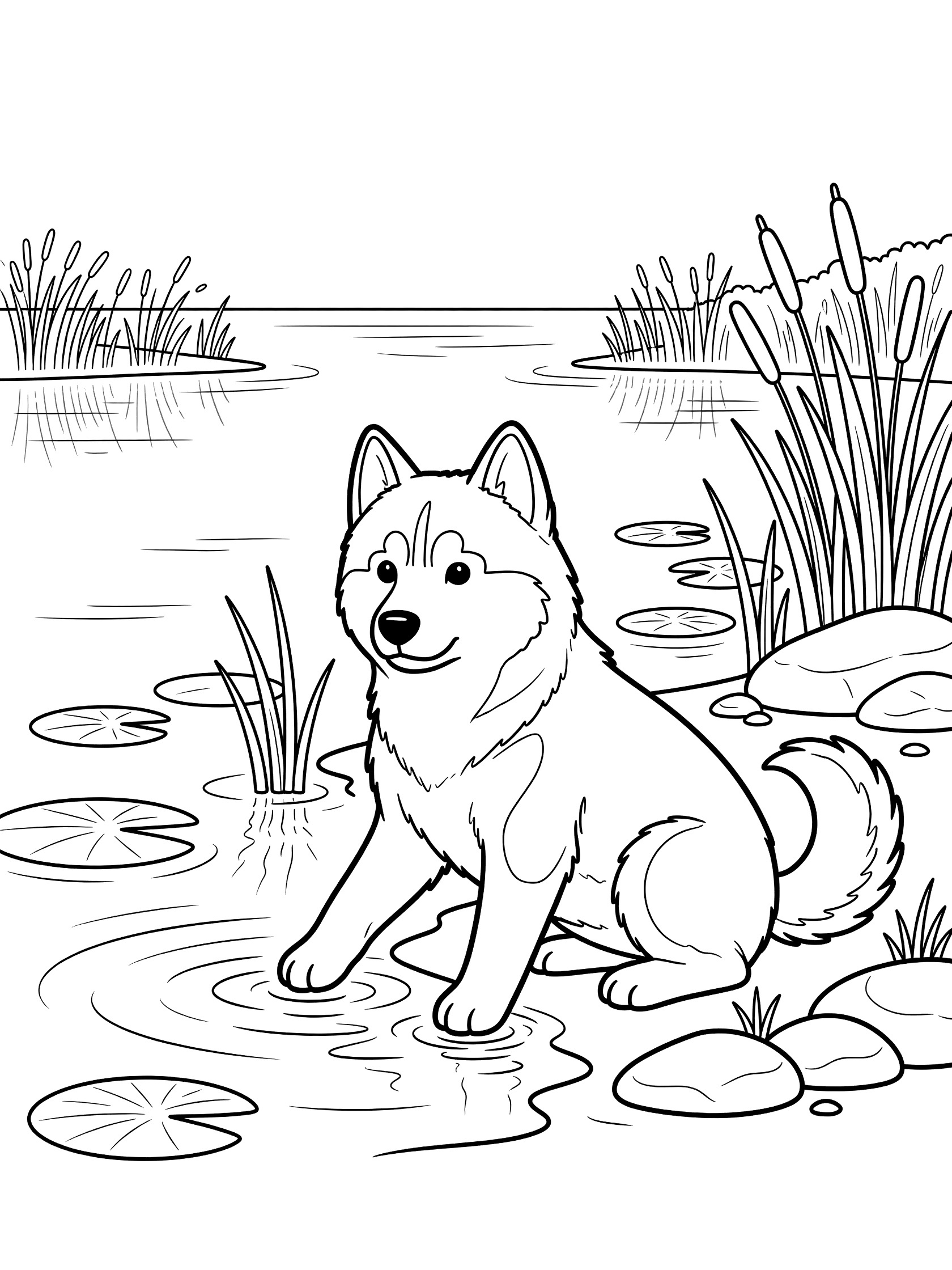 Black and white line art coloring page showing a husky puppy sitting by a pond, dipping one paw in the water, surrounded by lily pads, reeds, gentle waves, and stones.