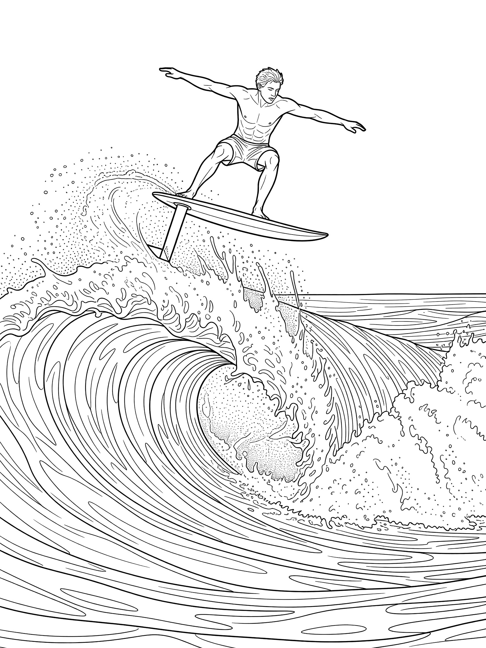 Black and white coloring page showing a surfer in an aerial jump on a hydrofoil board high above a big crashing wave with spray.
