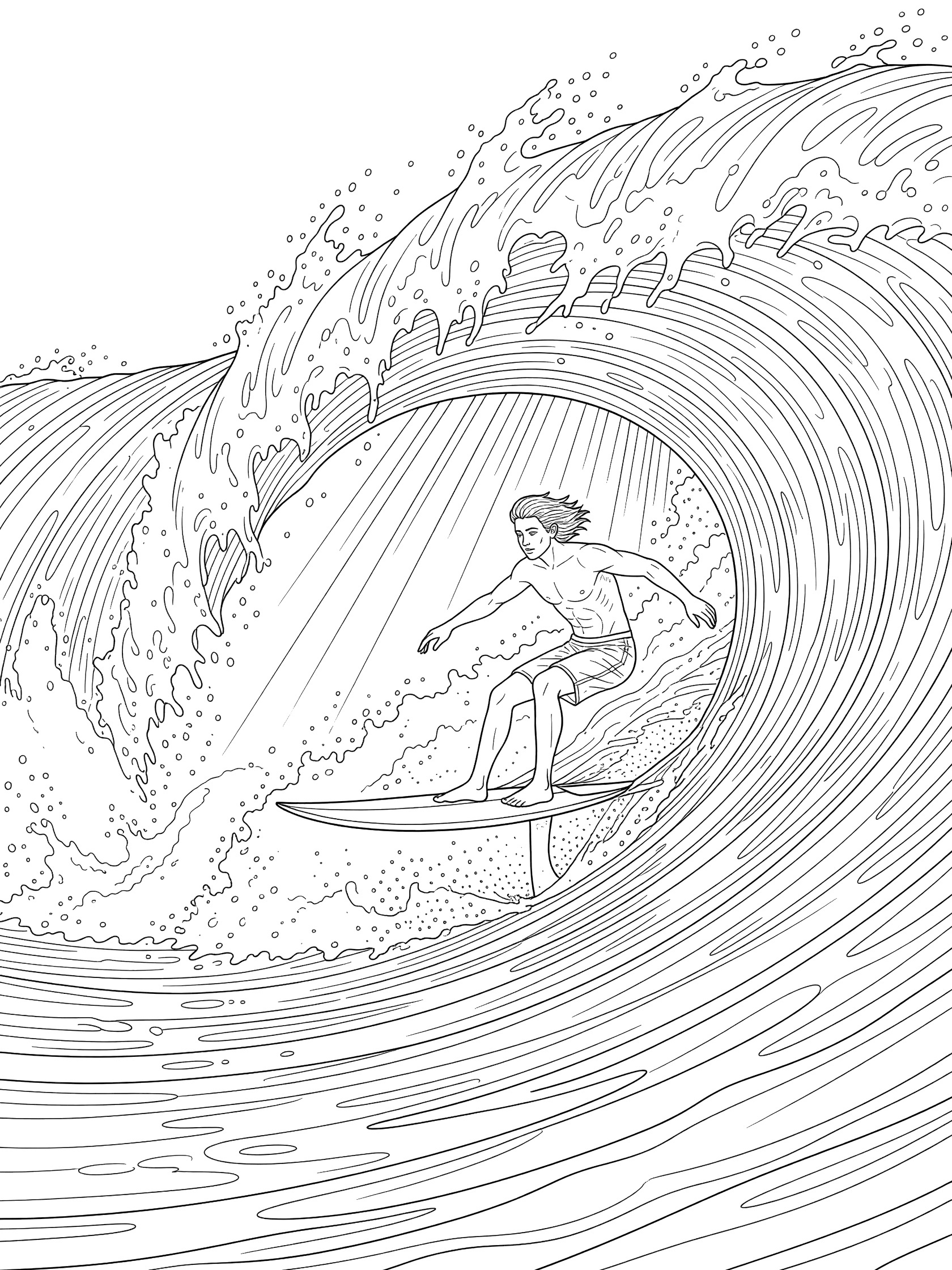 Black and white line art of a surfer on a hydrofoil board gliding inside a barrel wave with light rays shining through the tube.