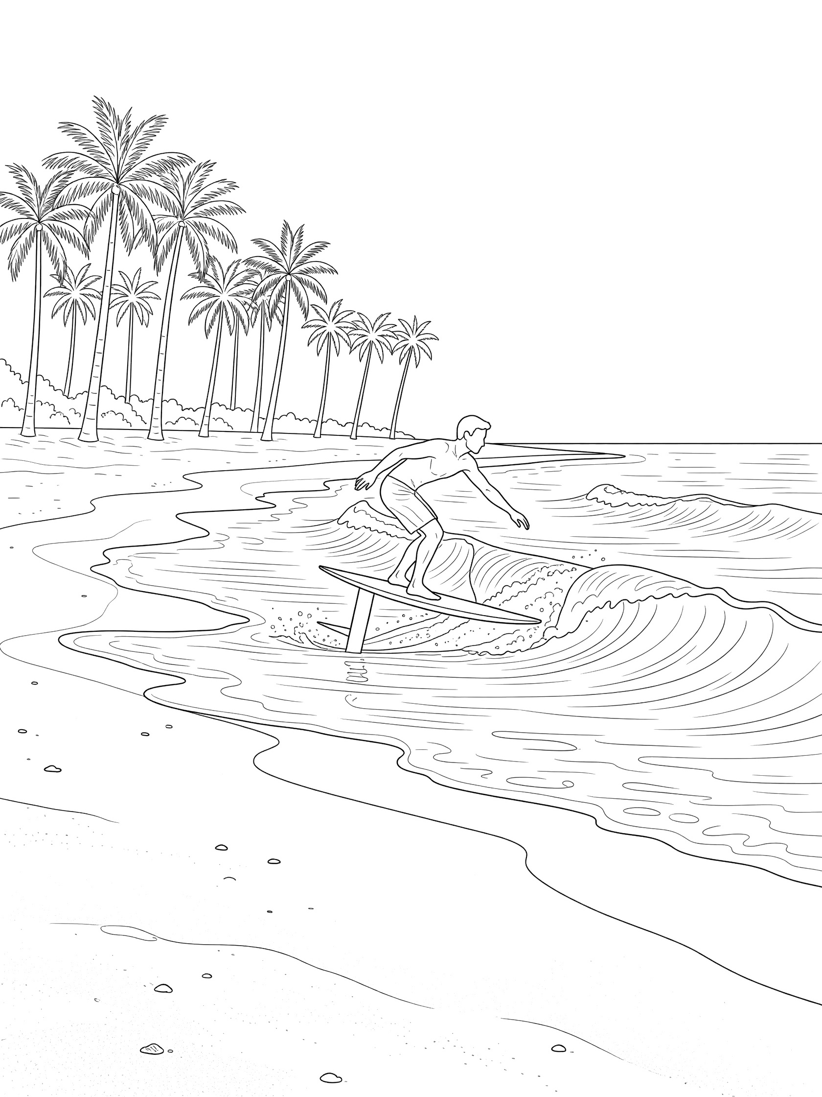 Black-and-white coloring page of a surfer starting hydrofoil surfing from the beach, paddling into waves with palm trees in the background.