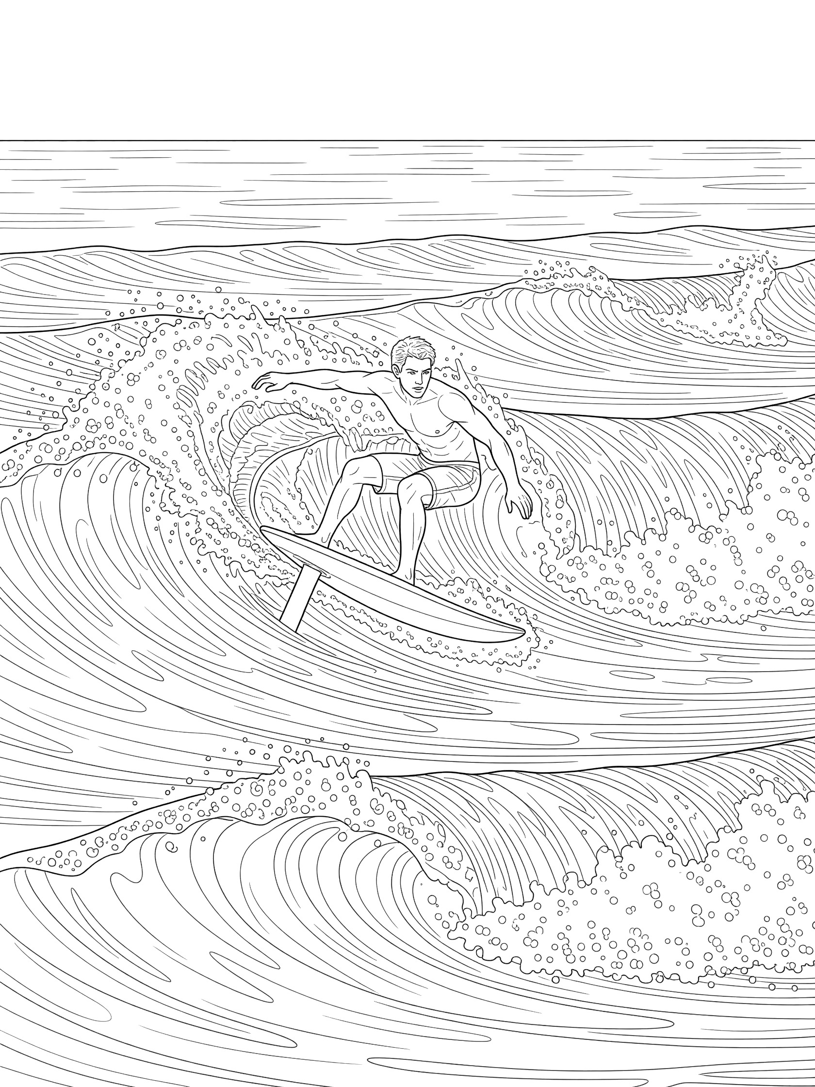 Black and white line art coloring page showing a surfer carving a bottom turn on a hydrofoil surfing board slicing ocean swells with foil below the surface and foamy whitecaps.
