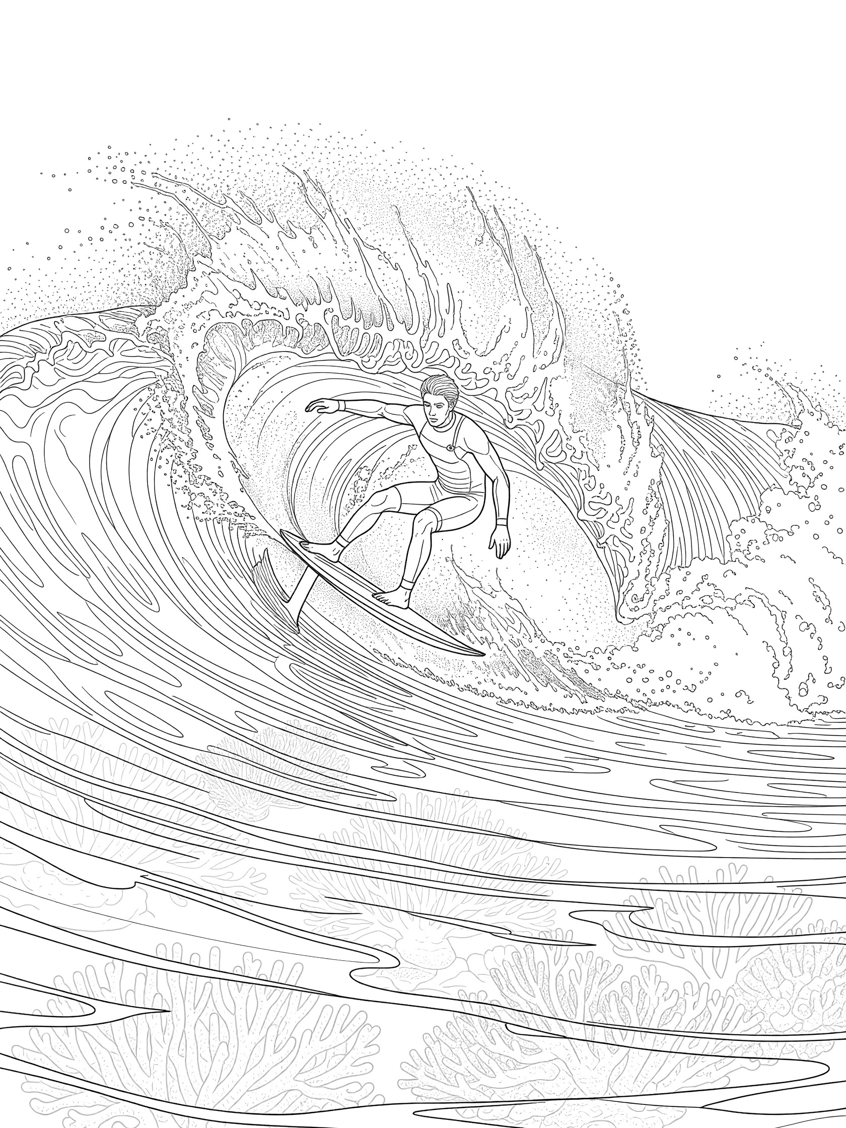 Black and white coloring page showing a surfer on a hydrofoil board doing a cutback turn, spraying water from a curling reef break wave with faint coral underwater.