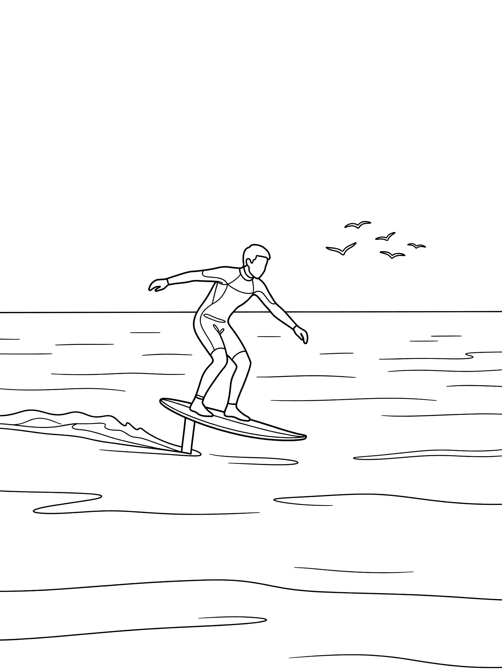 Line art coloring page showing a surfer on a hydrofoil board gliding over calm flat water, pumping rhythmically with seabirds flying nearby.