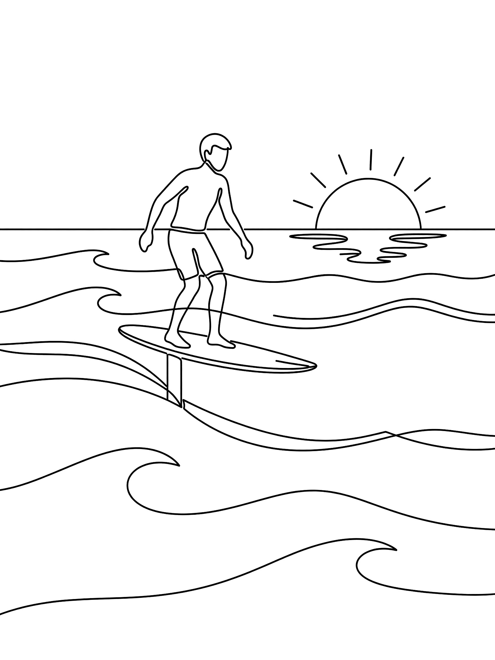 Line art coloring page showing a surfer riding a hydrofoil board smoothly over gentle waves with a glowing sunset horizon.