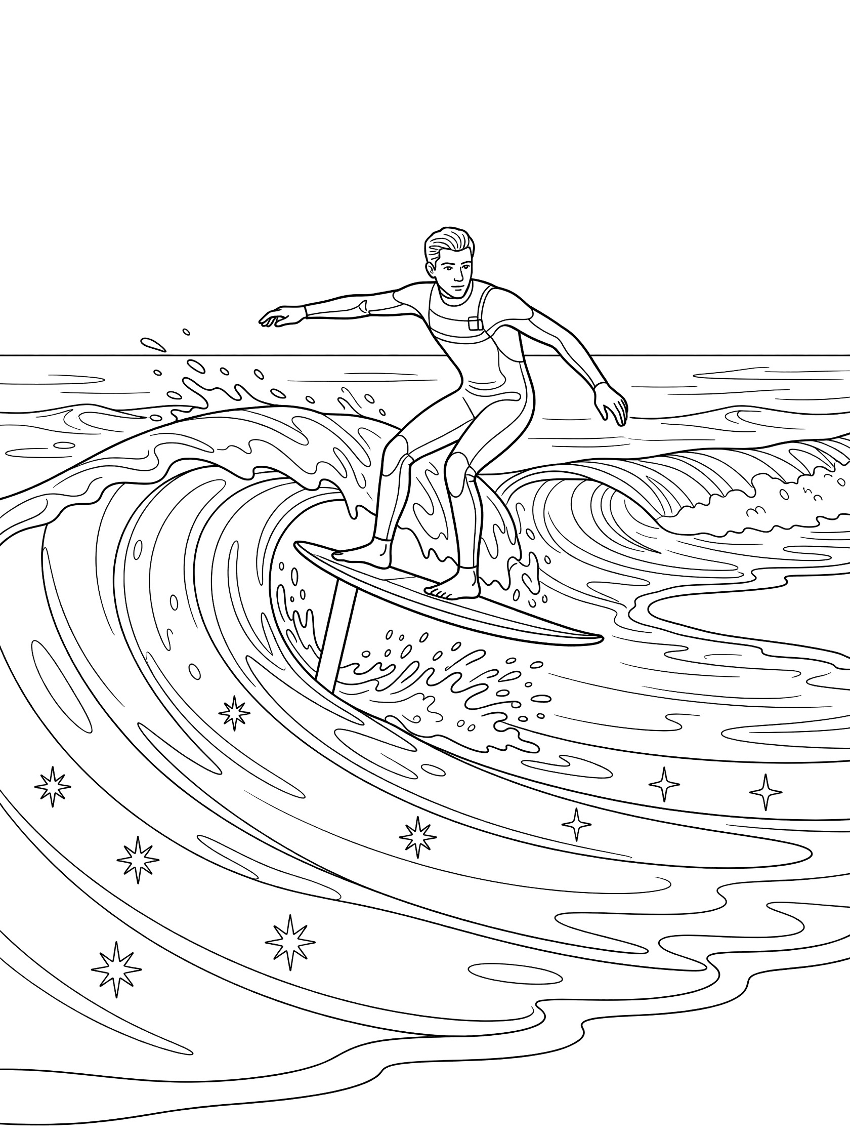 Line art coloring page showing a surfer in wetsuit on hydrofoil board jumping off curling ocean wave with water splashes and background waves.