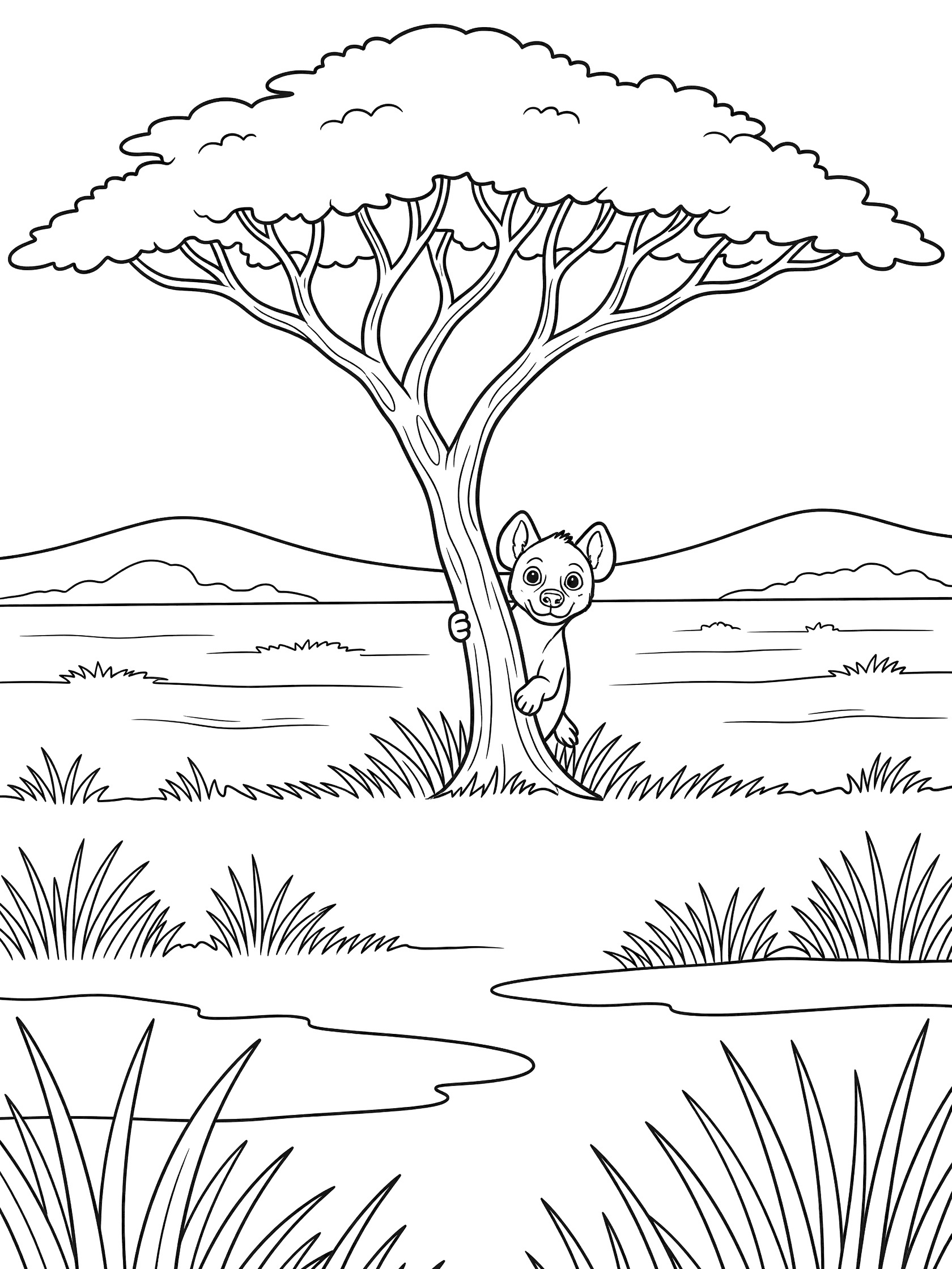 Black and white line art coloring page showing a hyena with big eyes peeking from behind a tall acacia tree, surrounded by grassy savanna plains and distant hills.