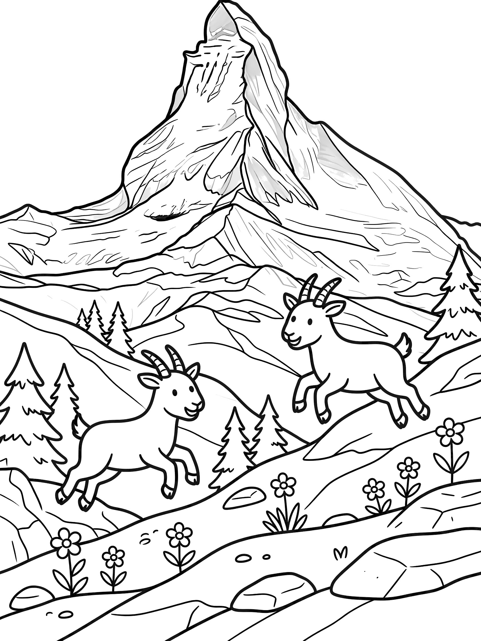 Cute cartoon coloring page showing two ibex goats leaping playfully on rocky slopes of a tall pointed mountain, with pine trees, rocks, and flowers at the base. Matterhorn themed black and white printable line art