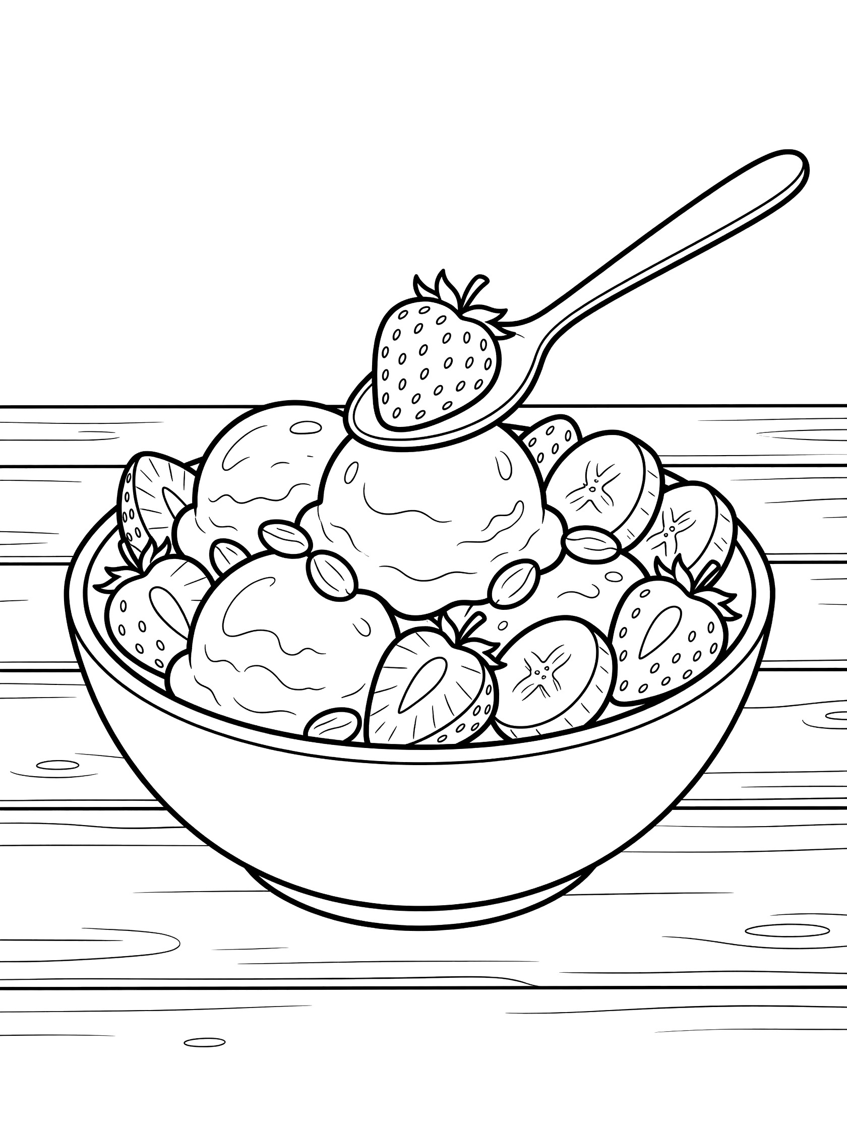 Black and white coloring page showing a wide bowl of ice cream decorated with strawberries, banana slices, and nuts on a wooden table, spoon holding a strawberry.