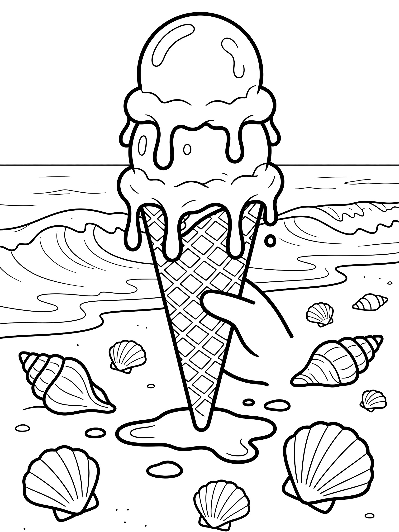 Black and white line art of a large ice cream cone with melting scoops dripping onto beach sand, surrounded by seashells and ocean waves.