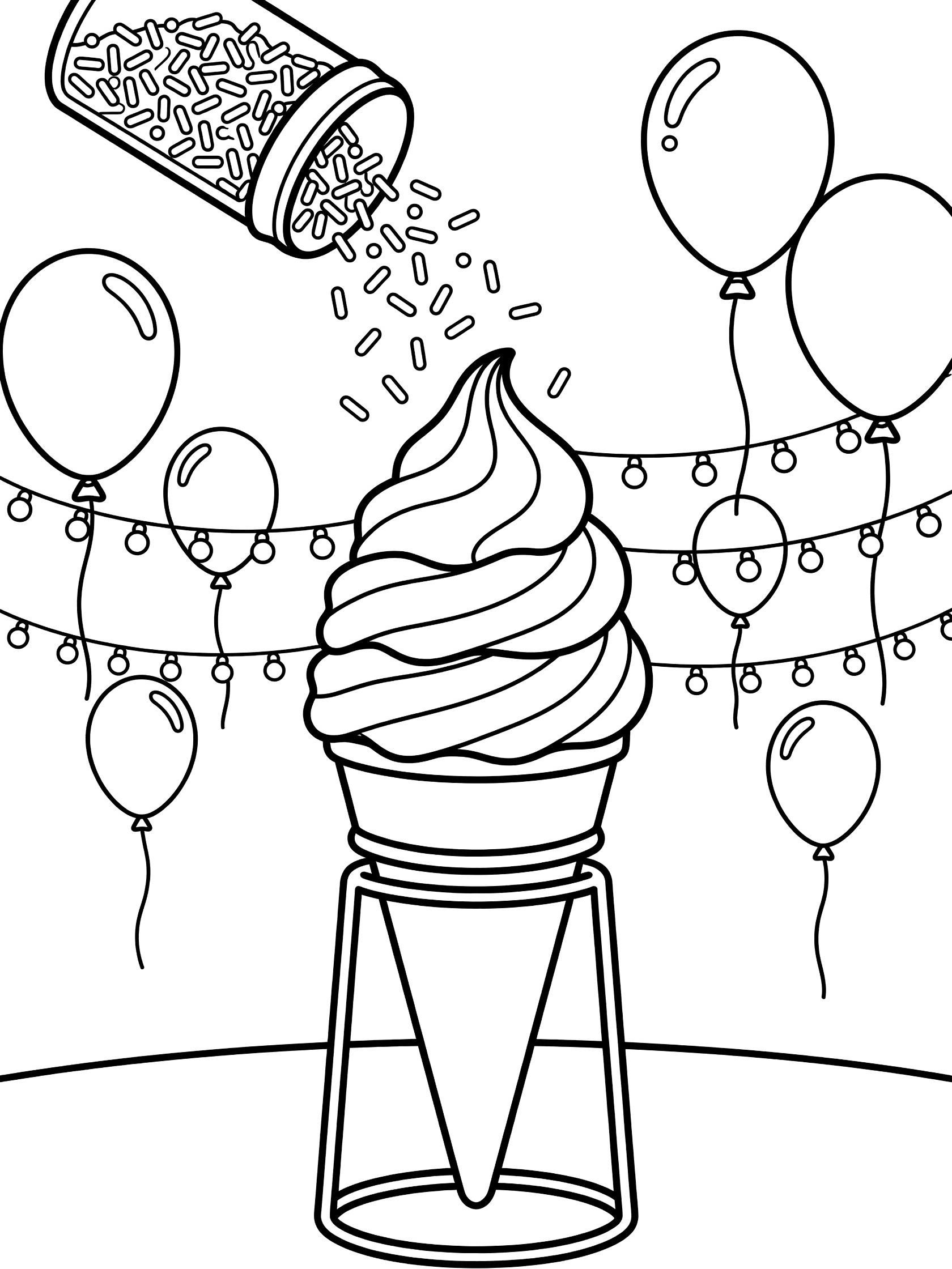 Black and white coloring page of an upright swirled soft-serve ice cream cone in a holder, sprinkles pouring from a shaker, with balloons and string lights at a fair.