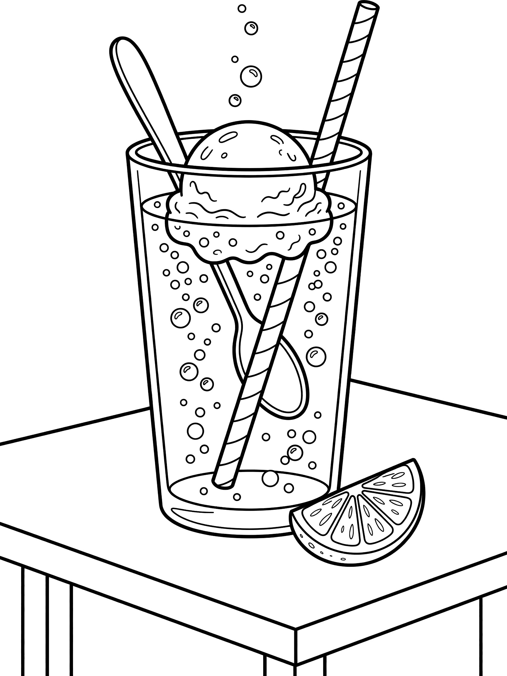 Black and white coloring page of ice cream scoop floating in fizzy soda glass with bubbles, striped straw, stirring spoon, and lemon slice on table