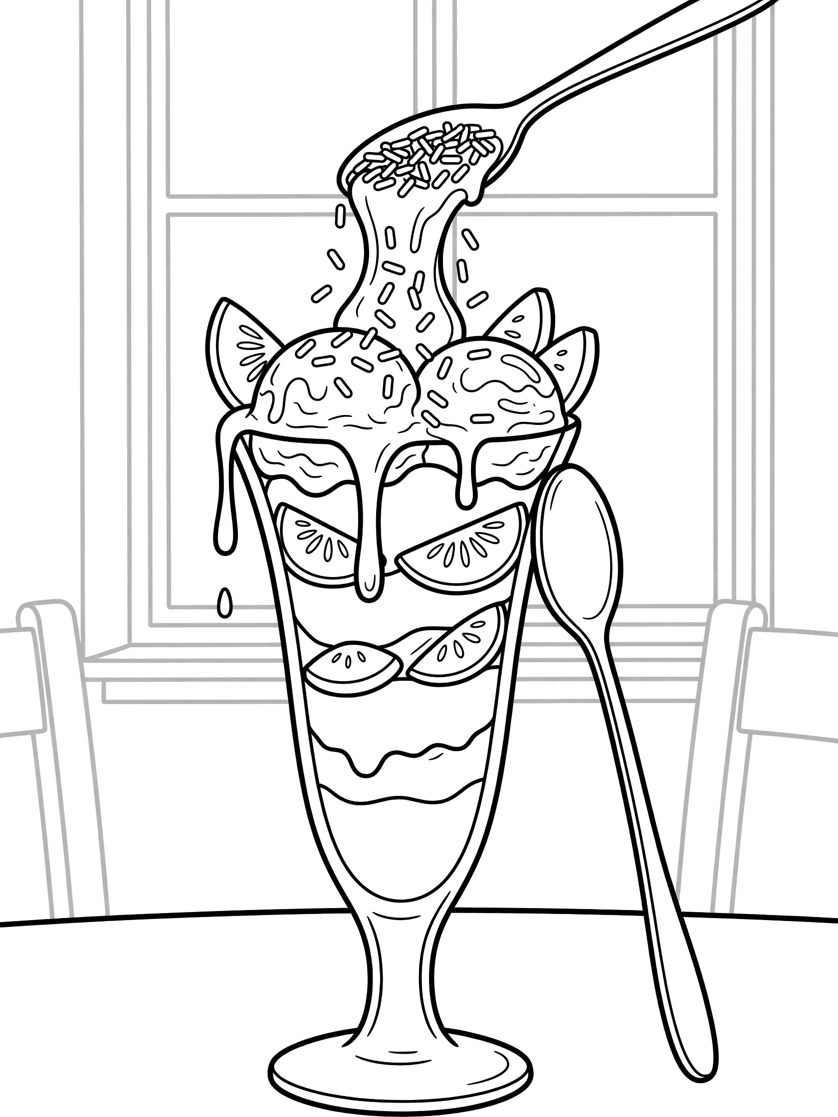 Black and white line art of ice cream parfait in a tall glass with orange slices, scoops topped by cascading syrup and sprinkles from a spoon, long spoon leaning on glass