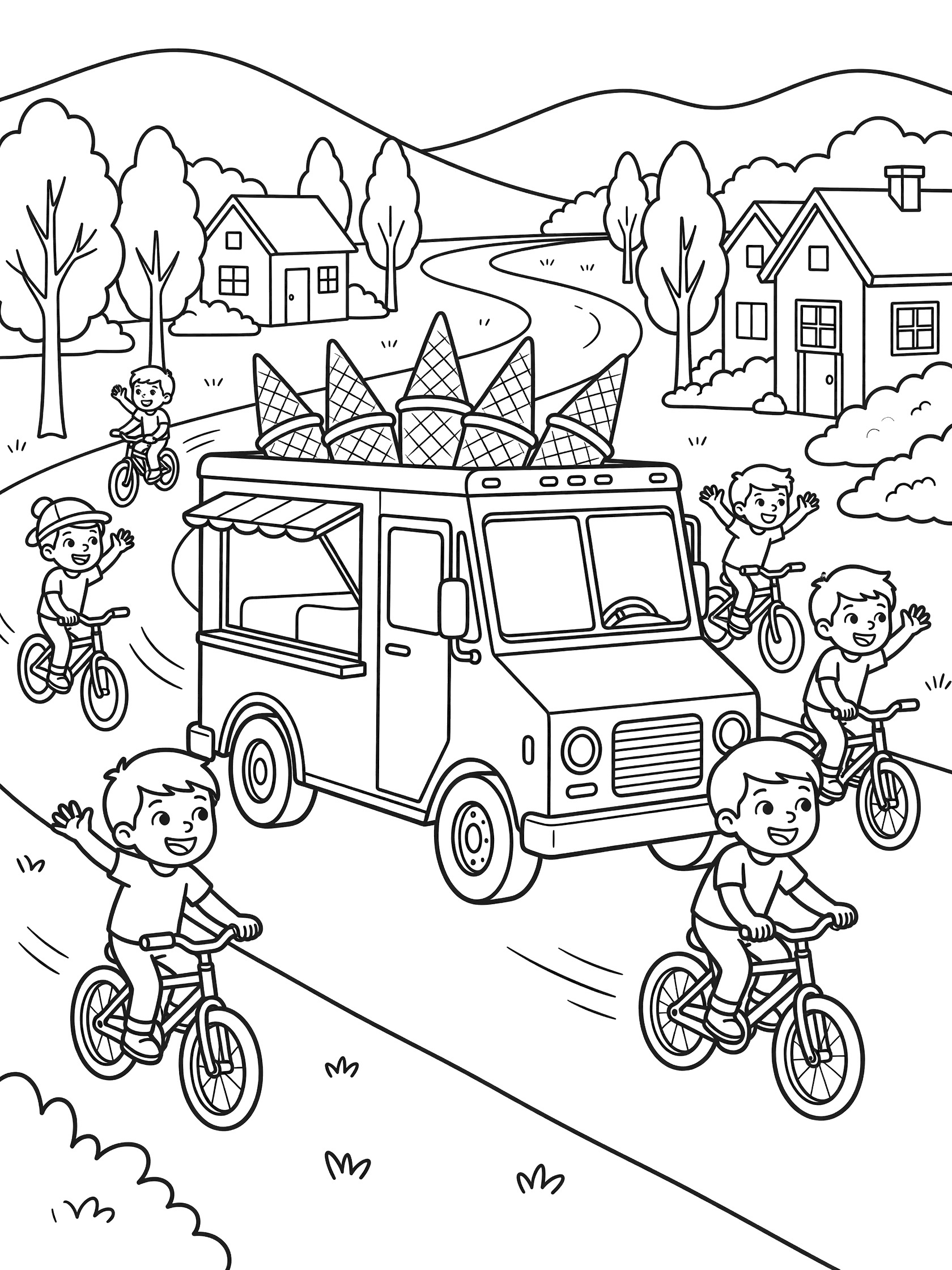 Ice cream truck coloring page showing the truck with cone decorations, big wheels, and serving window, kids biking alongside on a sunny road with houses and green hills