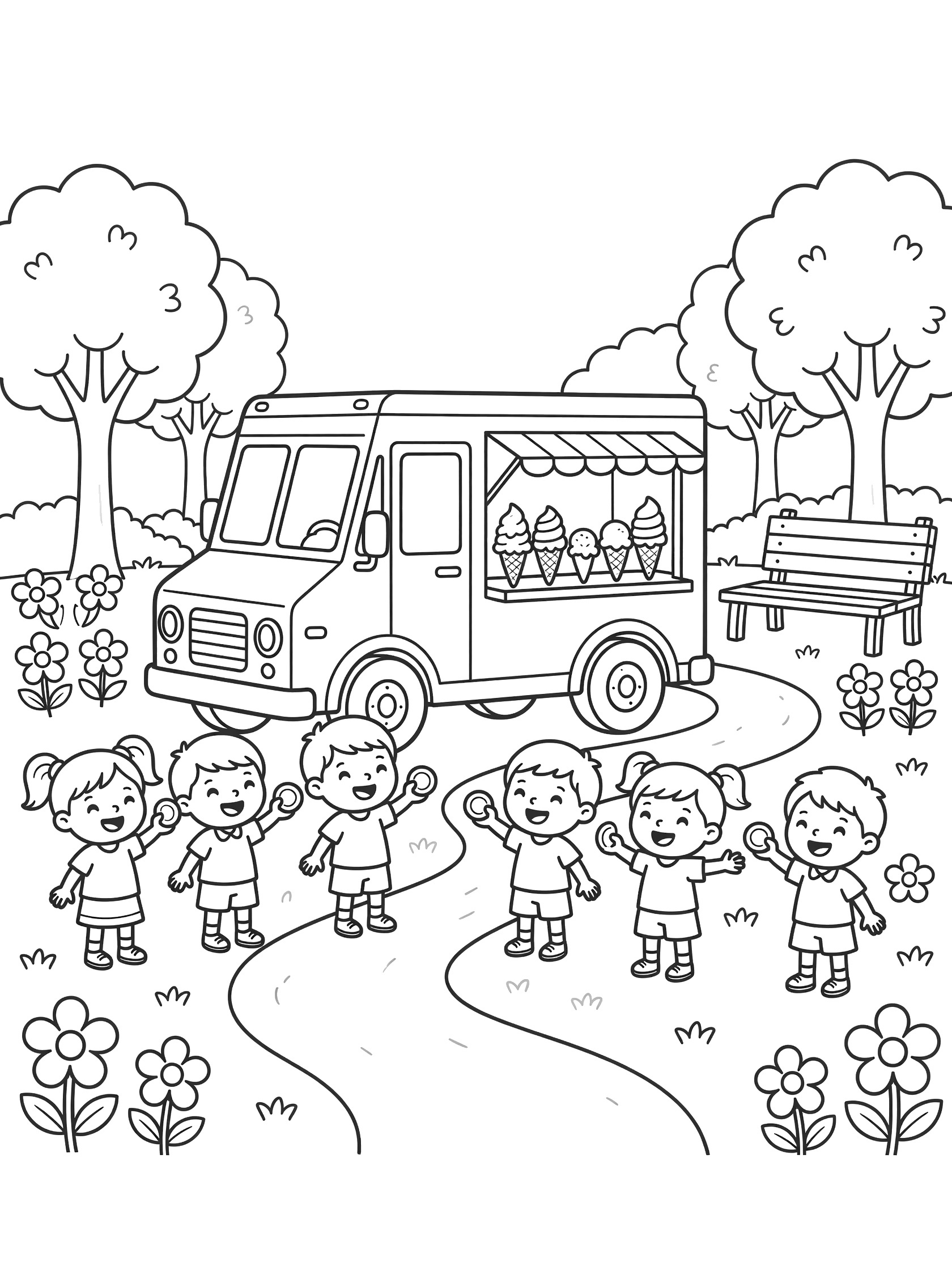Cartoon ice cream truck in a park coloring page with open serving window, stacked cones, children in line holding coins, trees, flowers, path, and wooden bench