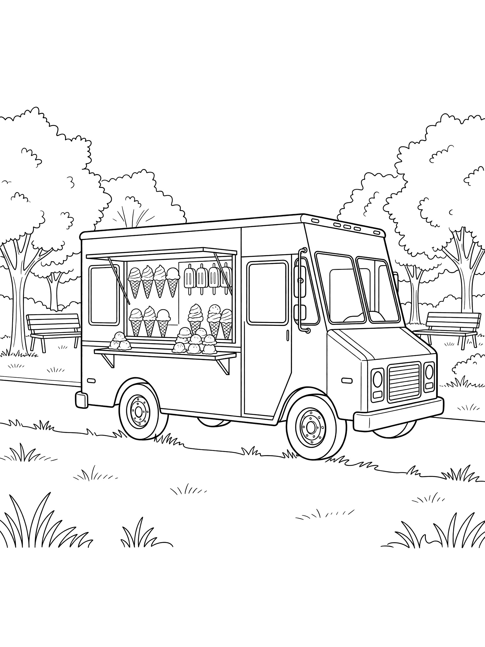 Black-and-white line art of an ice cream truck in a park with waffle cones, popsicles displayed, ice cream scoops on the counter, trees, grass, and benches.