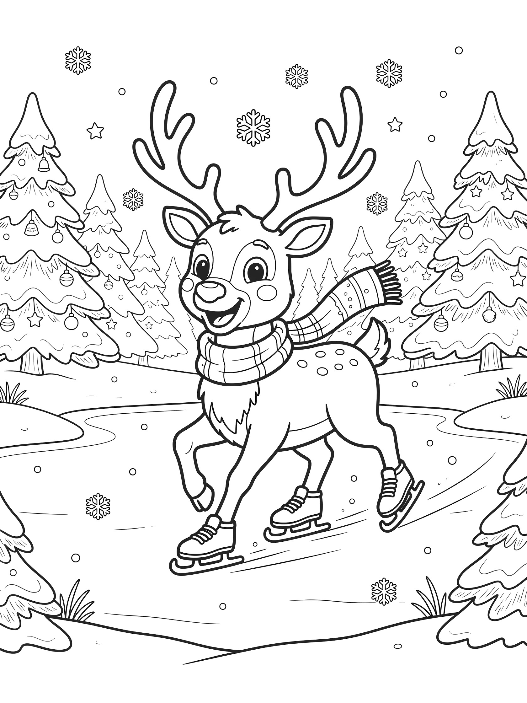 Cartoon reindeer gliding on ice skates with a red scarf, big antlers, happy smile, and rosy cheeks in a snowy winter forest coloring page