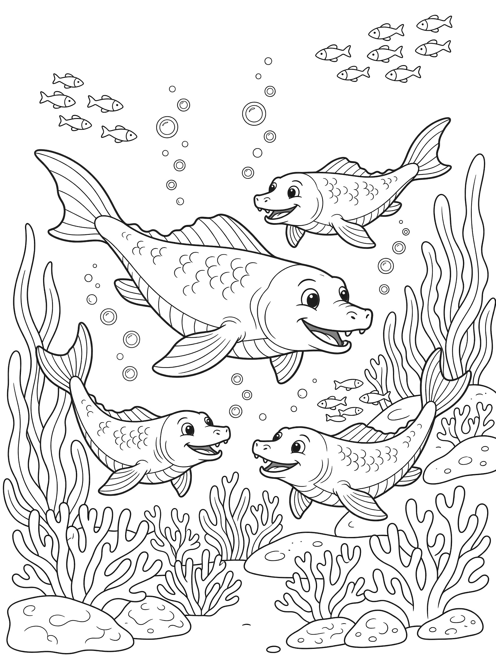 Black-and-white line art coloring page of a mother Ichthyosaurus leading two baby Ichthyosaurus swimming playfully in an underwater scene with seaweed, corals, fish schools, and bubbles.