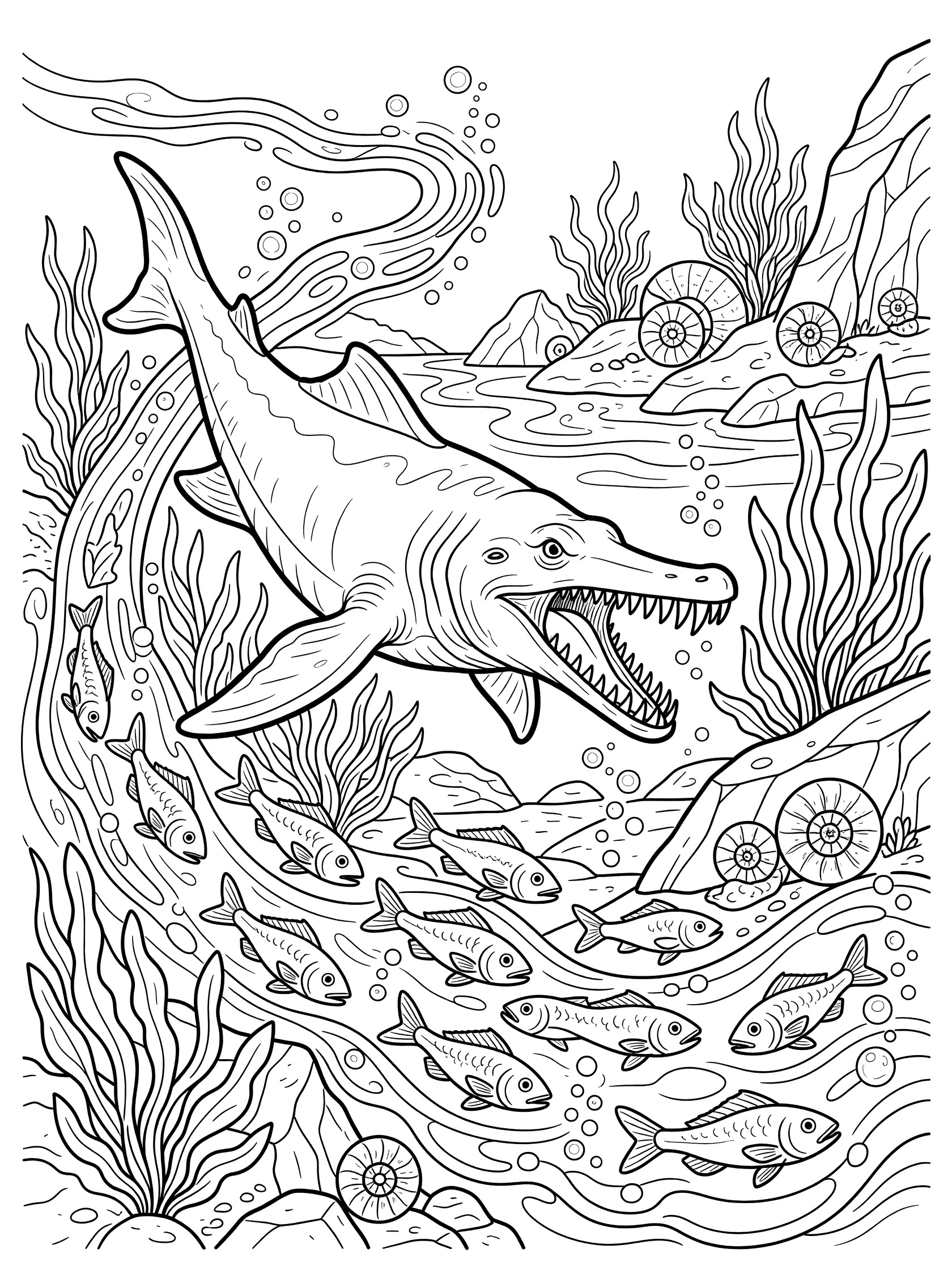 Black and white line art coloring page of an Ichthyosaurus with open mouth charging after scattering fish amid bubbles, seaweed, rocks, and ammonites on the ocean floor.