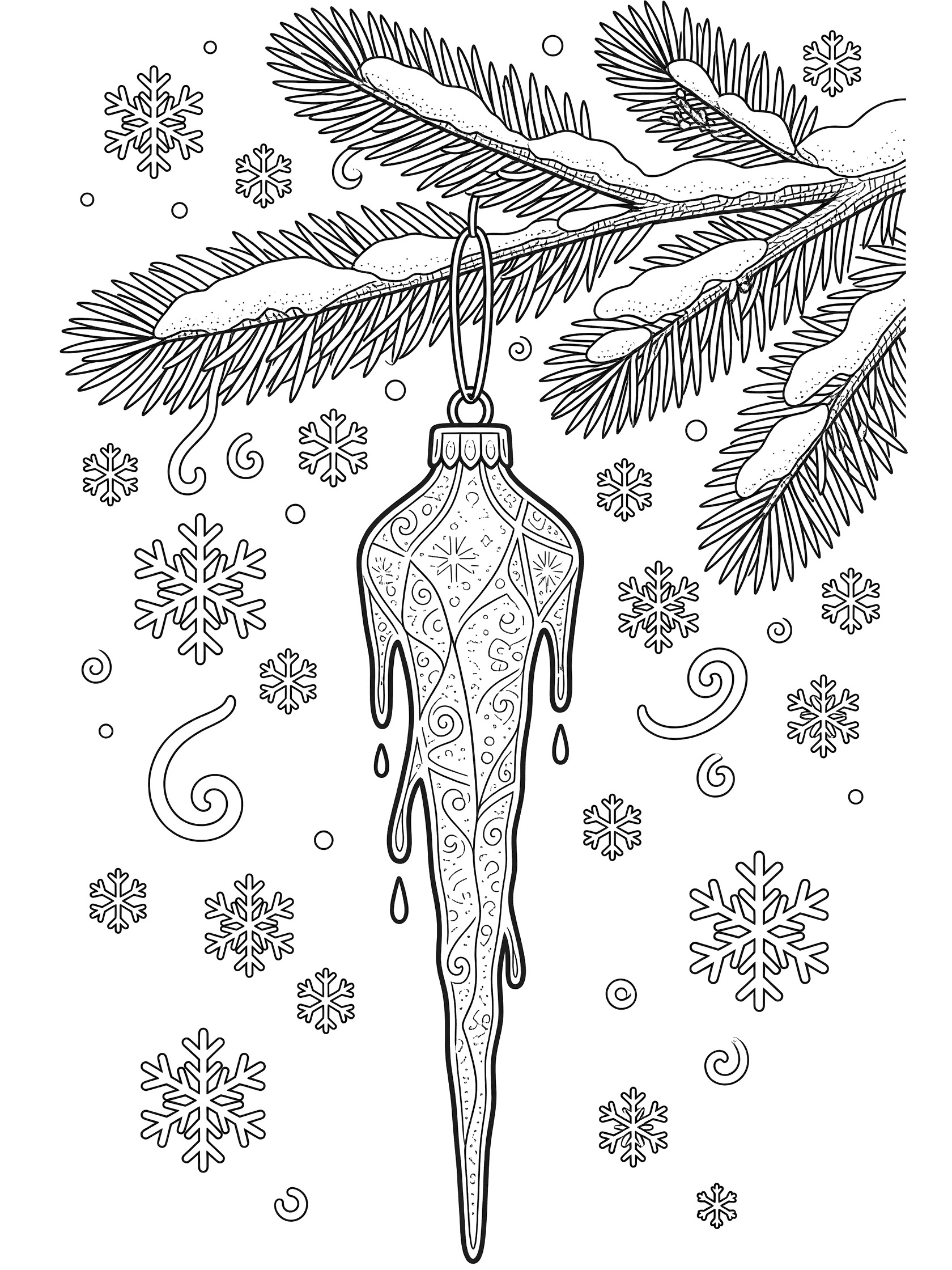 Black and white line art of a whimsical icicle ornament hanging from a Christmas tree branch with snowflakes and pine needles.