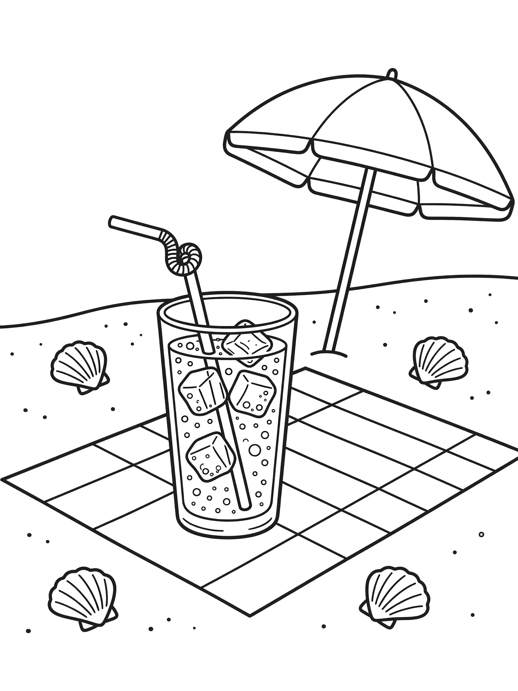 Printable coloring page of an icy soda glass on a striped beach towel with curly straw, ice cubes, bubbles, seashells, sand shore, and beach umbrella.