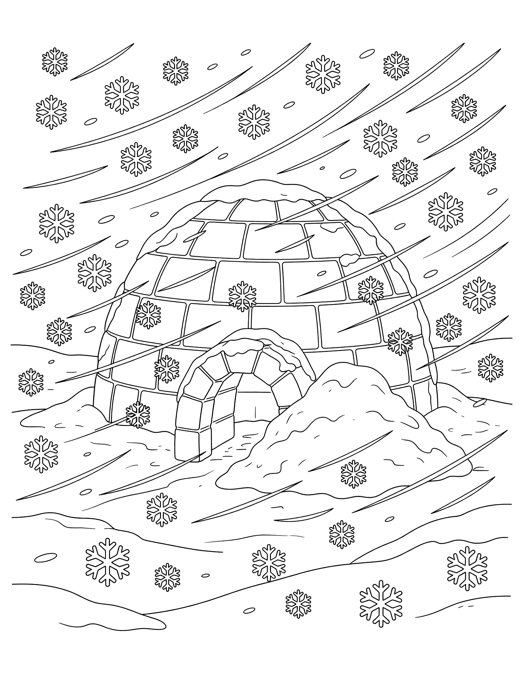 Black and white line art of a dome-shaped igloo in a blizzard with snow blowing around it, snow piles on walls and entrance, wind lines, and snowflakes.